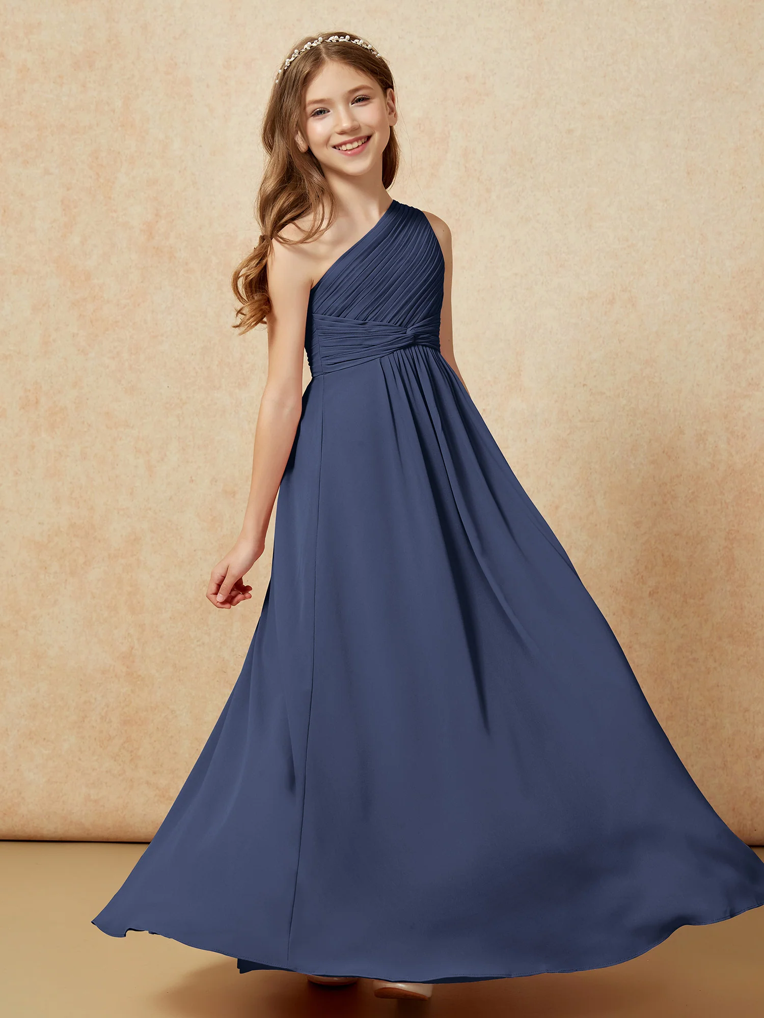 One Shoulder Pleated Chiffon Junior Bridesmaid Dress Dark Navy - Image 5