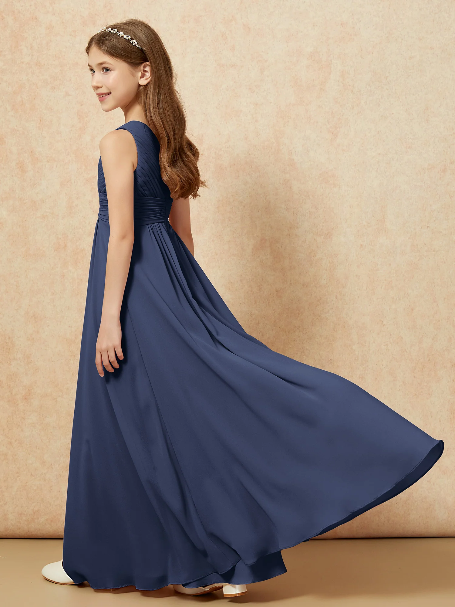 One Shoulder Pleated Chiffon Junior Bridesmaid Dress Dark Navy - Image 6