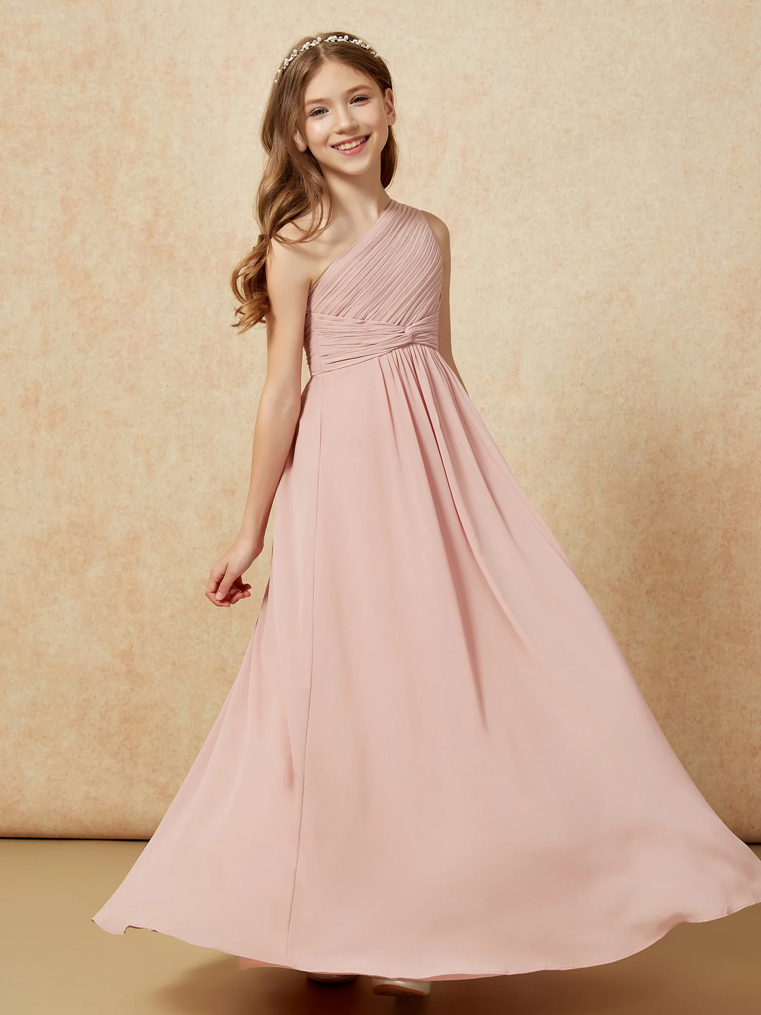 One Shoulder Pleated Chiffon Junior Bridesmaid Dress Dusty Rose - Image 5