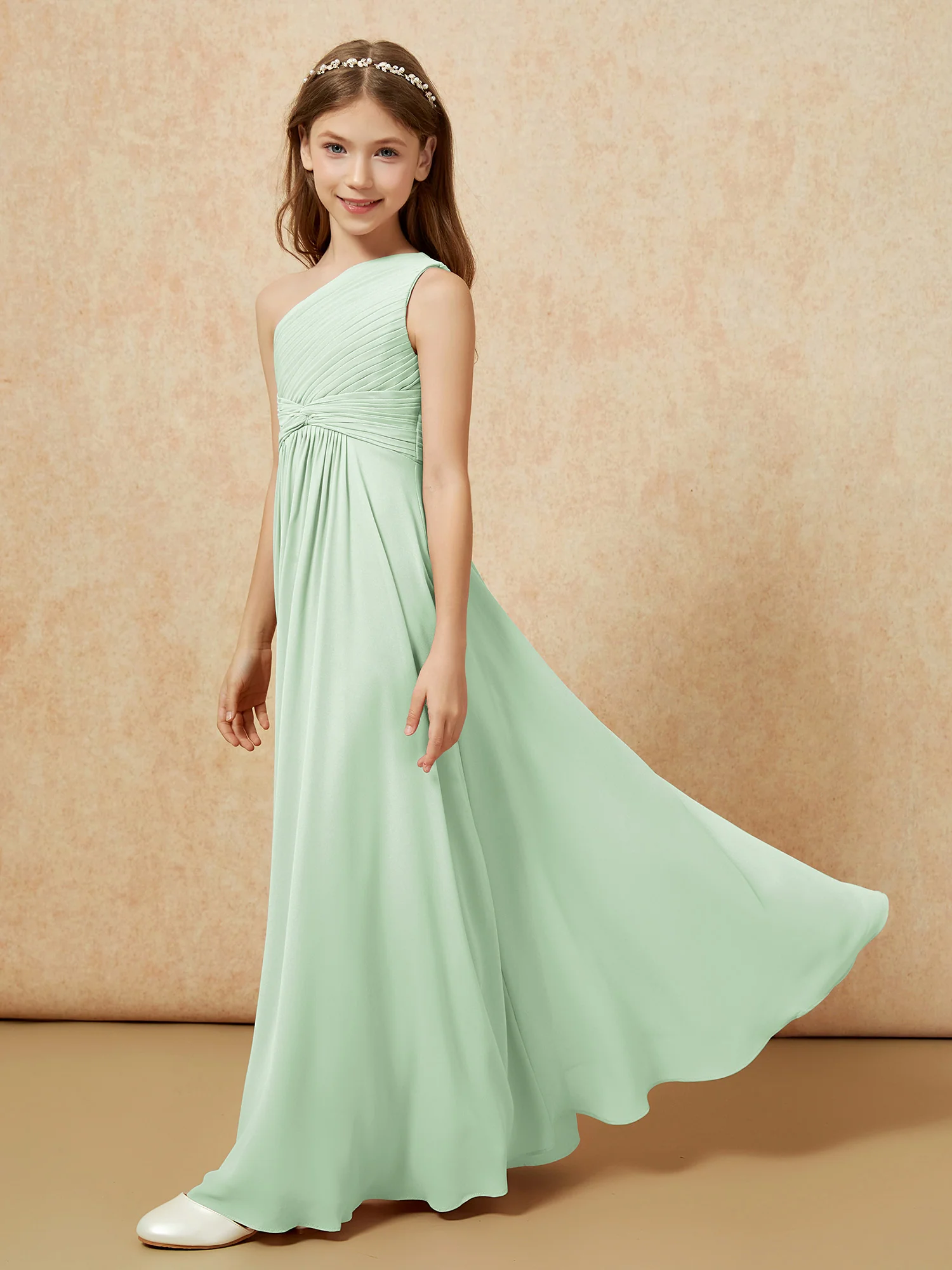 One Shoulder Pleated Chiffon Junior Bridesmaid Dress Dusty Sage - Image 3