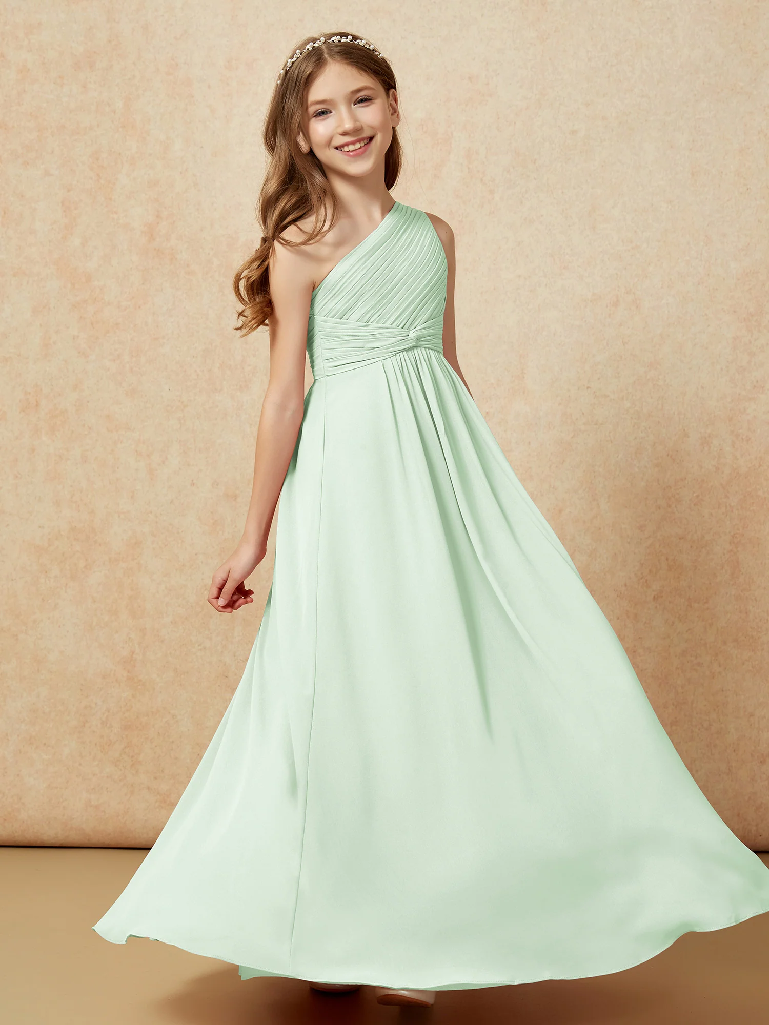 One Shoulder Pleated Chiffon Junior Bridesmaid Dress Dusty Sage - Image 5