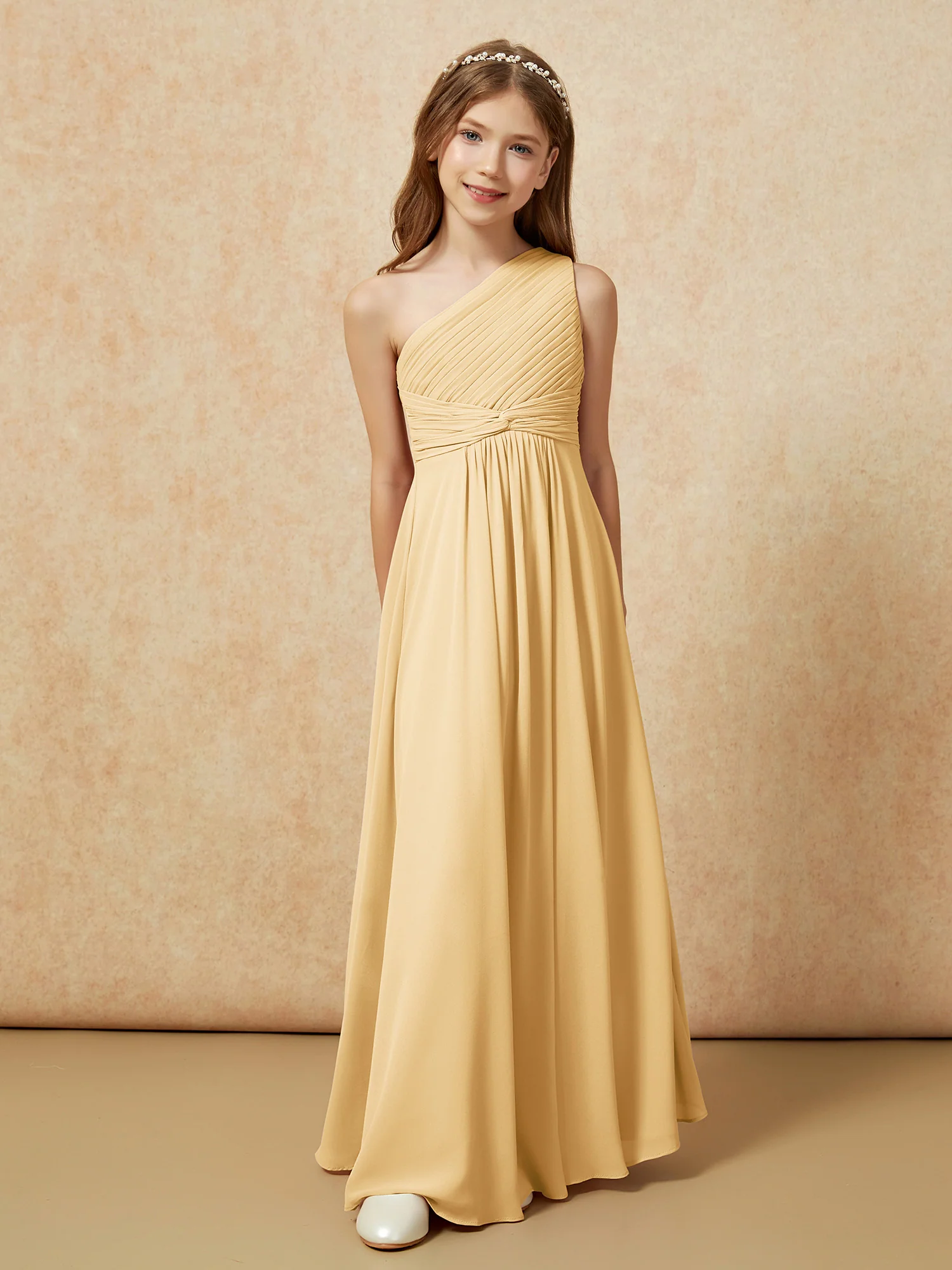 One Shoulder Pleated Chiffon Junior Bridesmaid Dress Gold