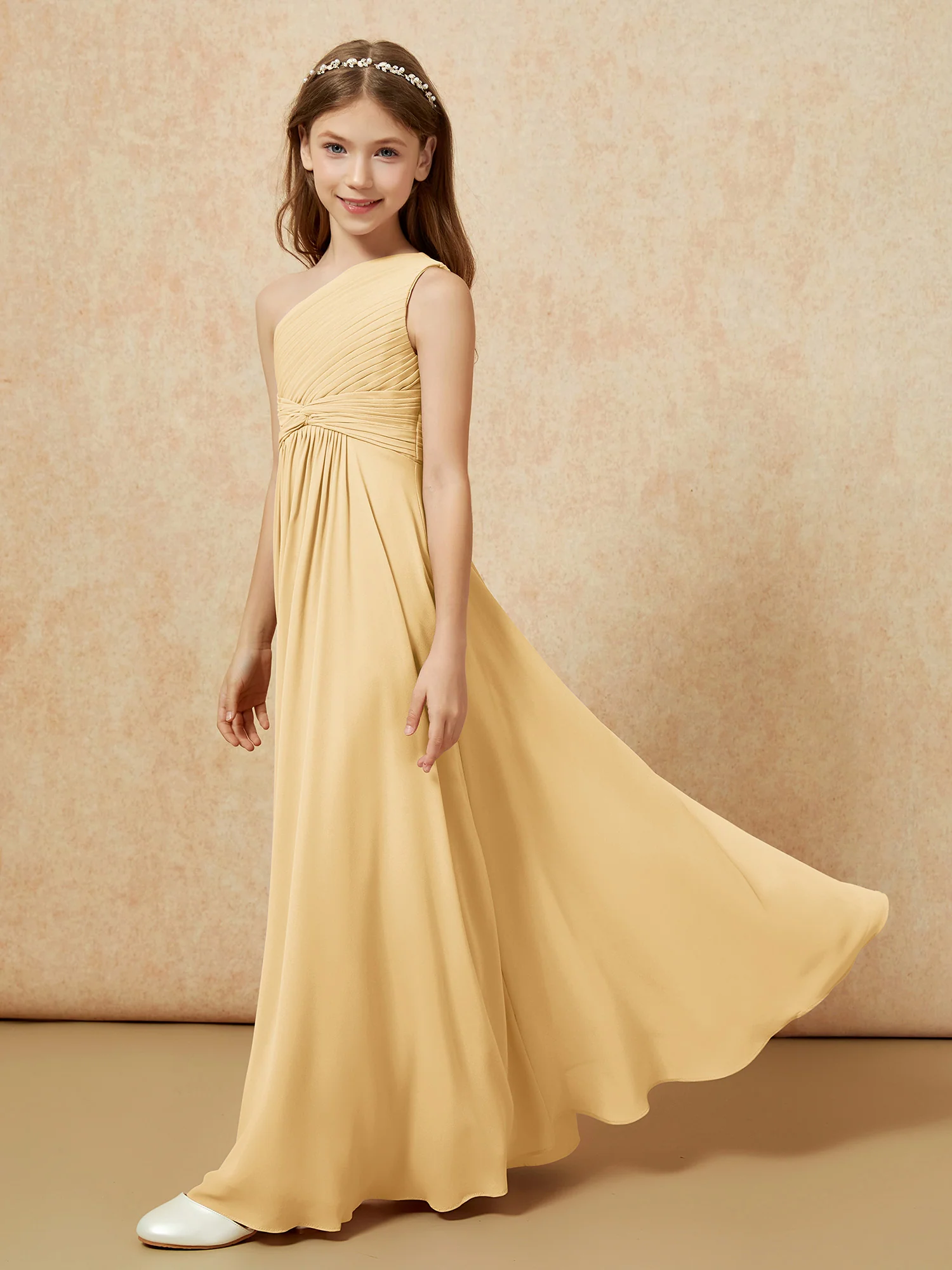 One Shoulder Pleated Chiffon Junior Bridesmaid Dress Gold - Image 3
