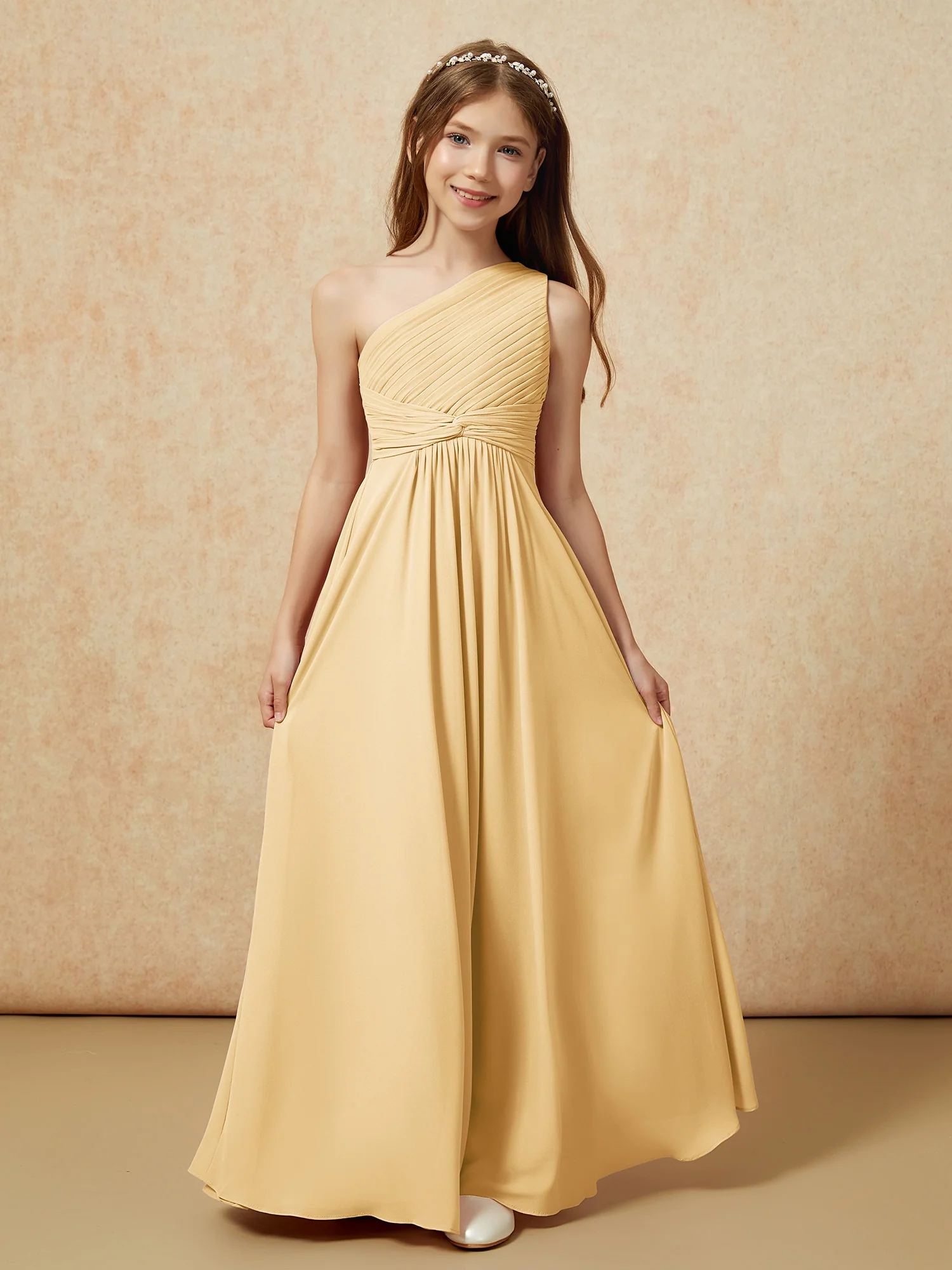 One Shoulder Pleated Chiffon Junior Bridesmaid Dress Gold - Image 4
