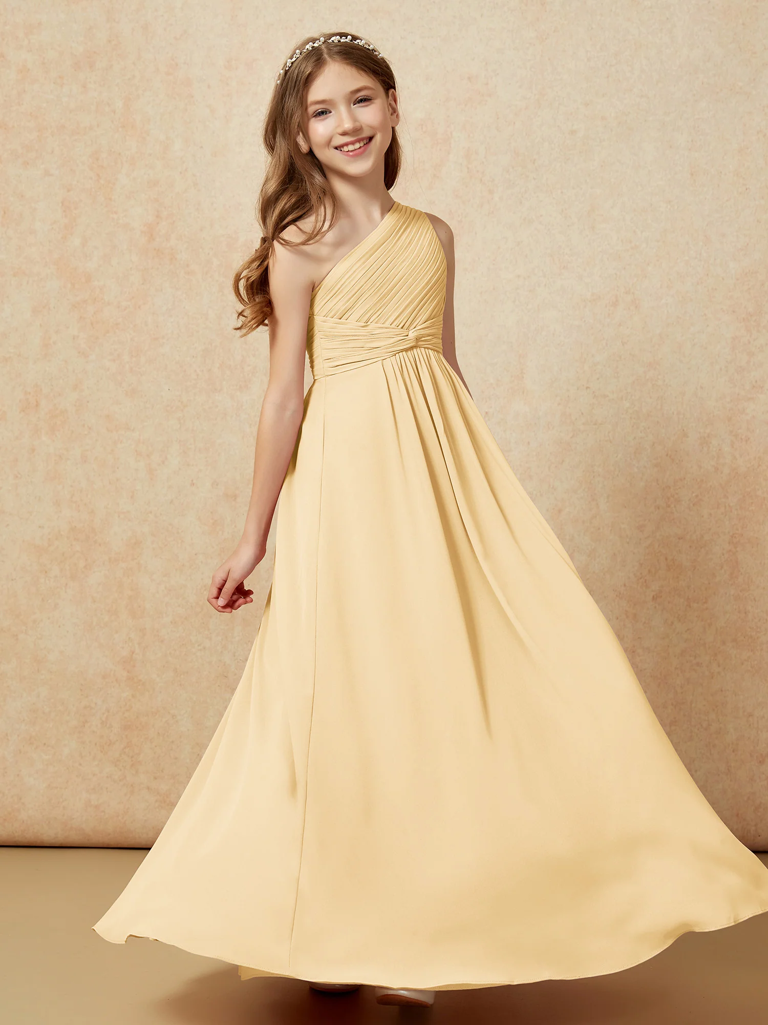 One Shoulder Pleated Chiffon Junior Bridesmaid Dress Gold - Image 5