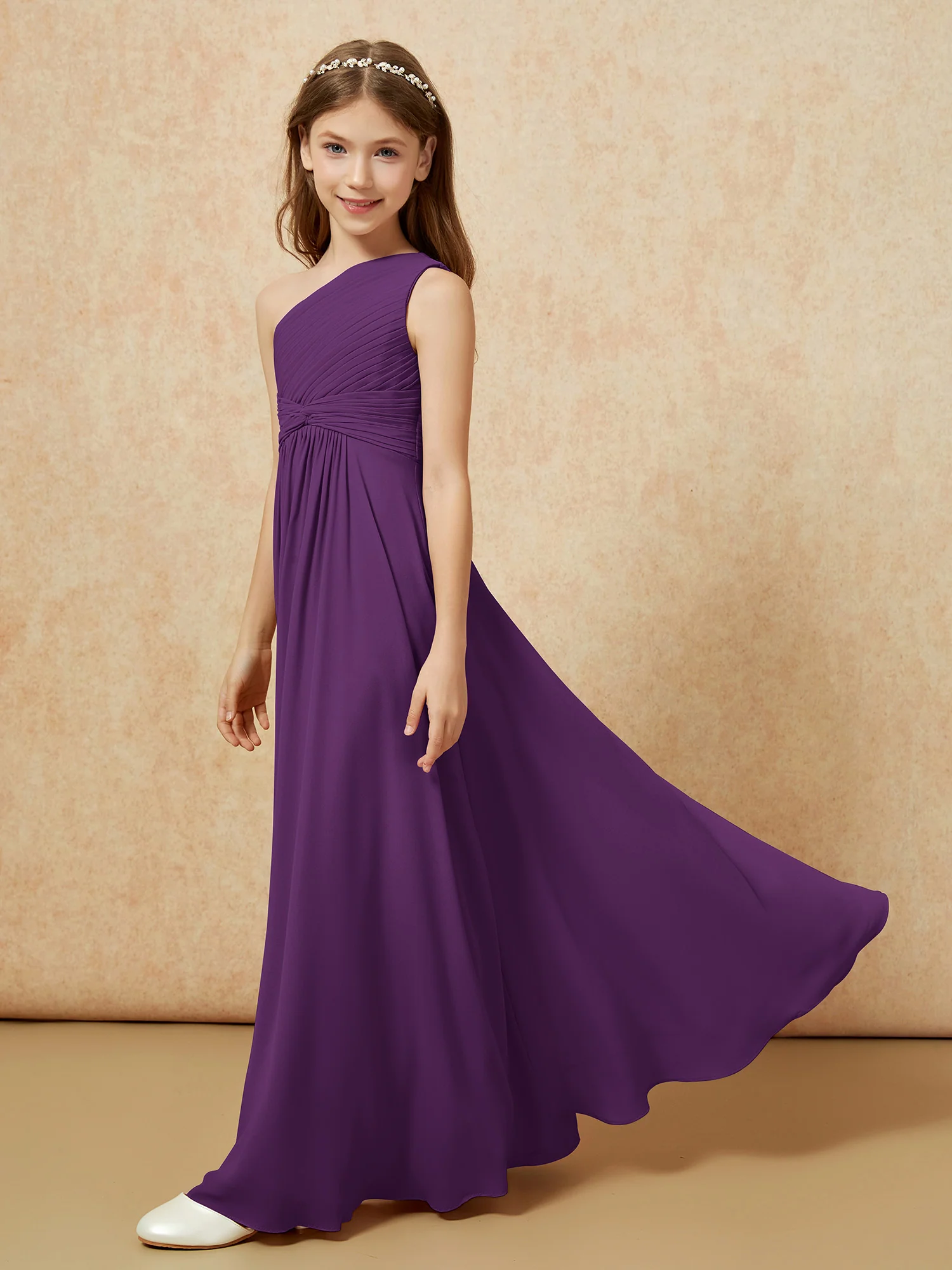 One Shoulder Pleated Chiffon Junior Bridesmaid Dress Grape - Image 3