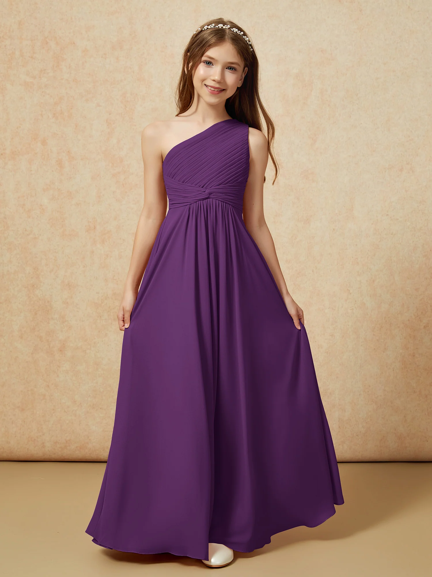 One Shoulder Pleated Chiffon Junior Bridesmaid Dress Grape - Image 4