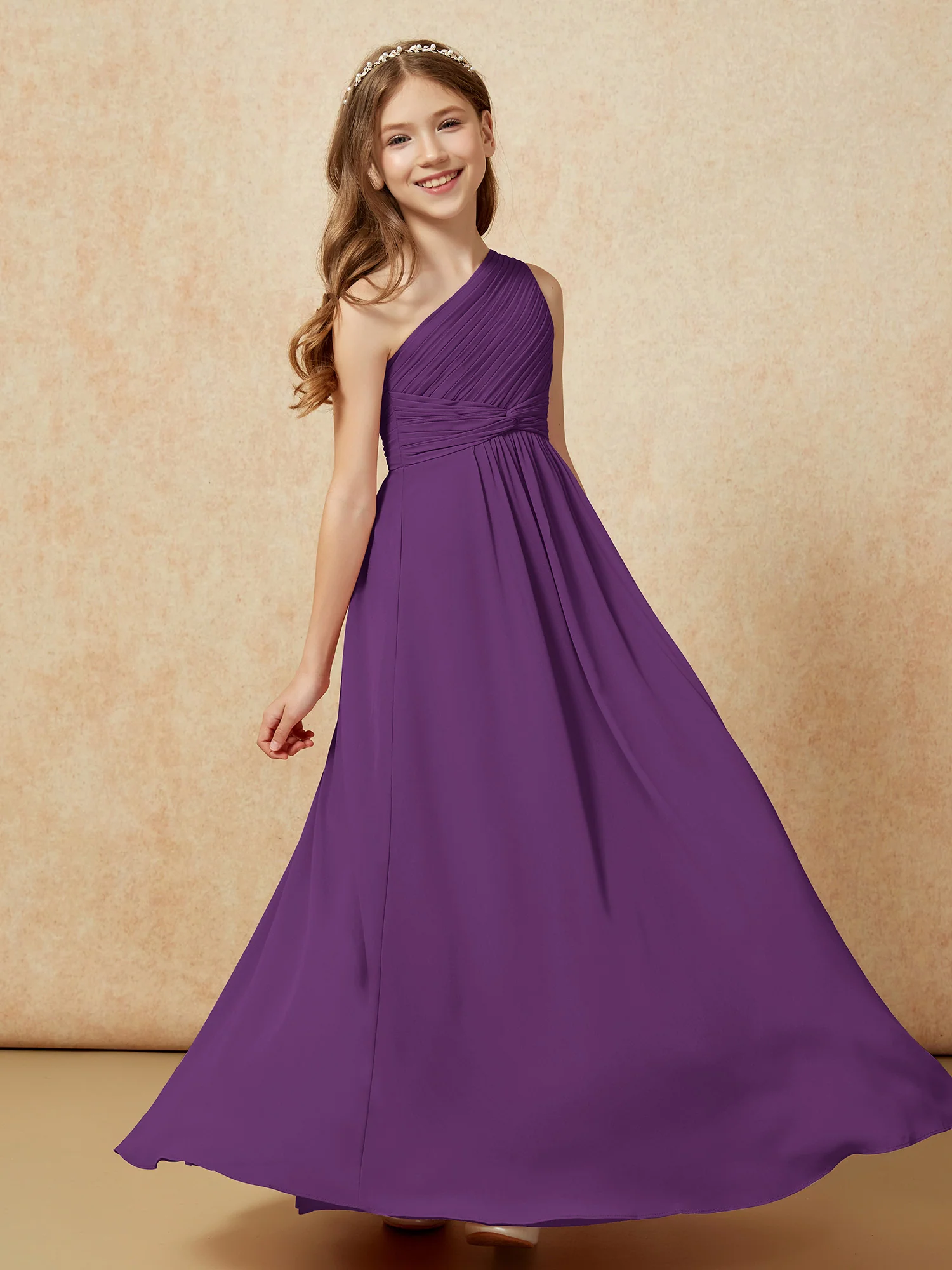 One Shoulder Pleated Chiffon Junior Bridesmaid Dress Grape - Image 5