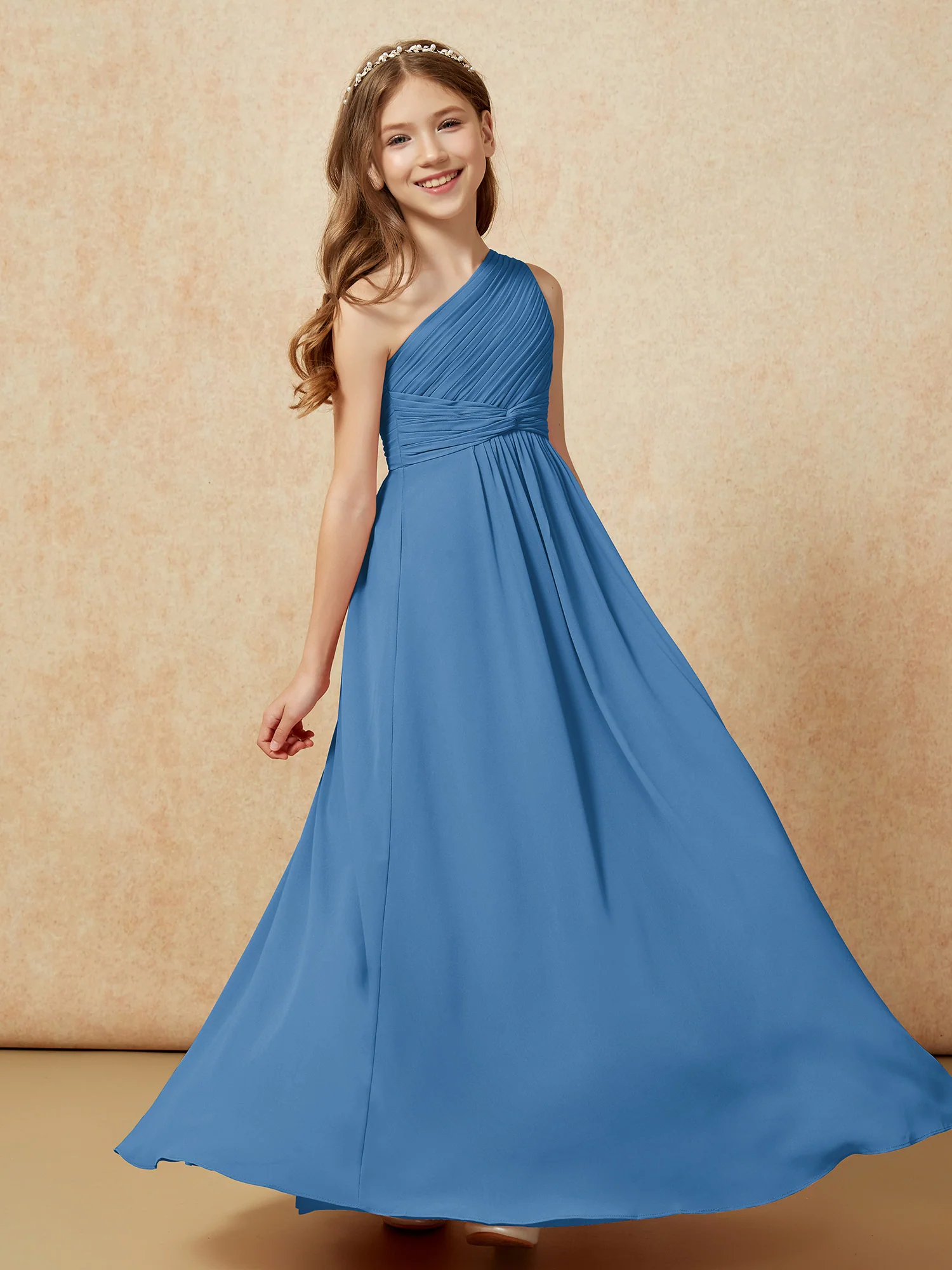 One Shoulder Pleated Chiffon Junior Bridesmaid Dress Ink Blue - Image 5