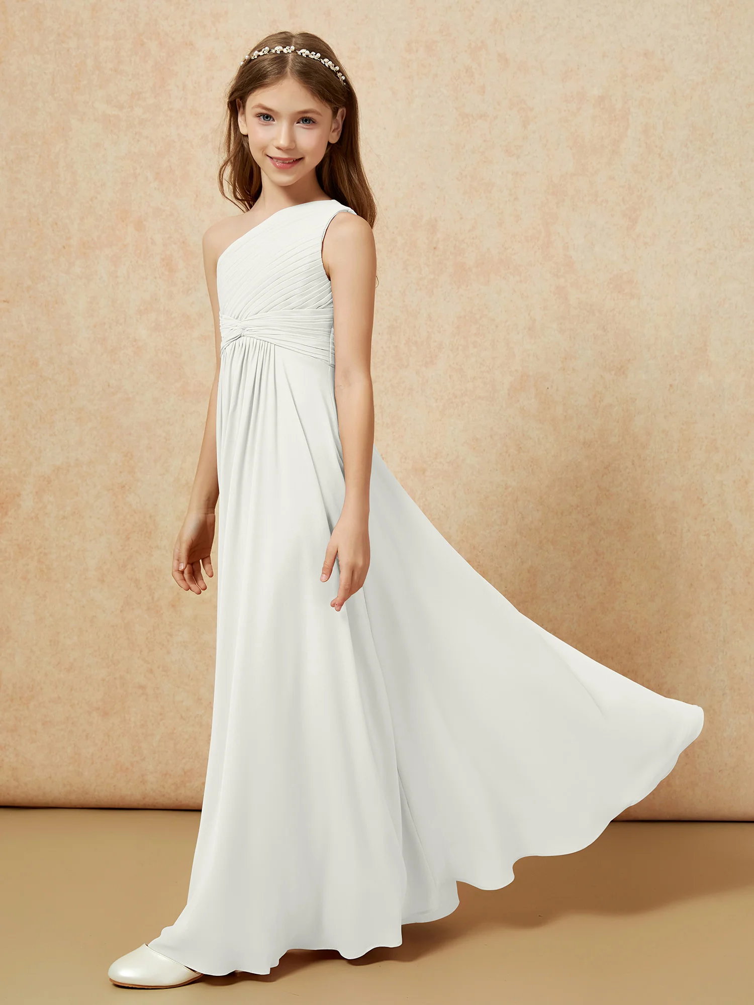 One Shoulder Pleated Chiffon Junior Bridesmaid Dress Ivory - Image 3