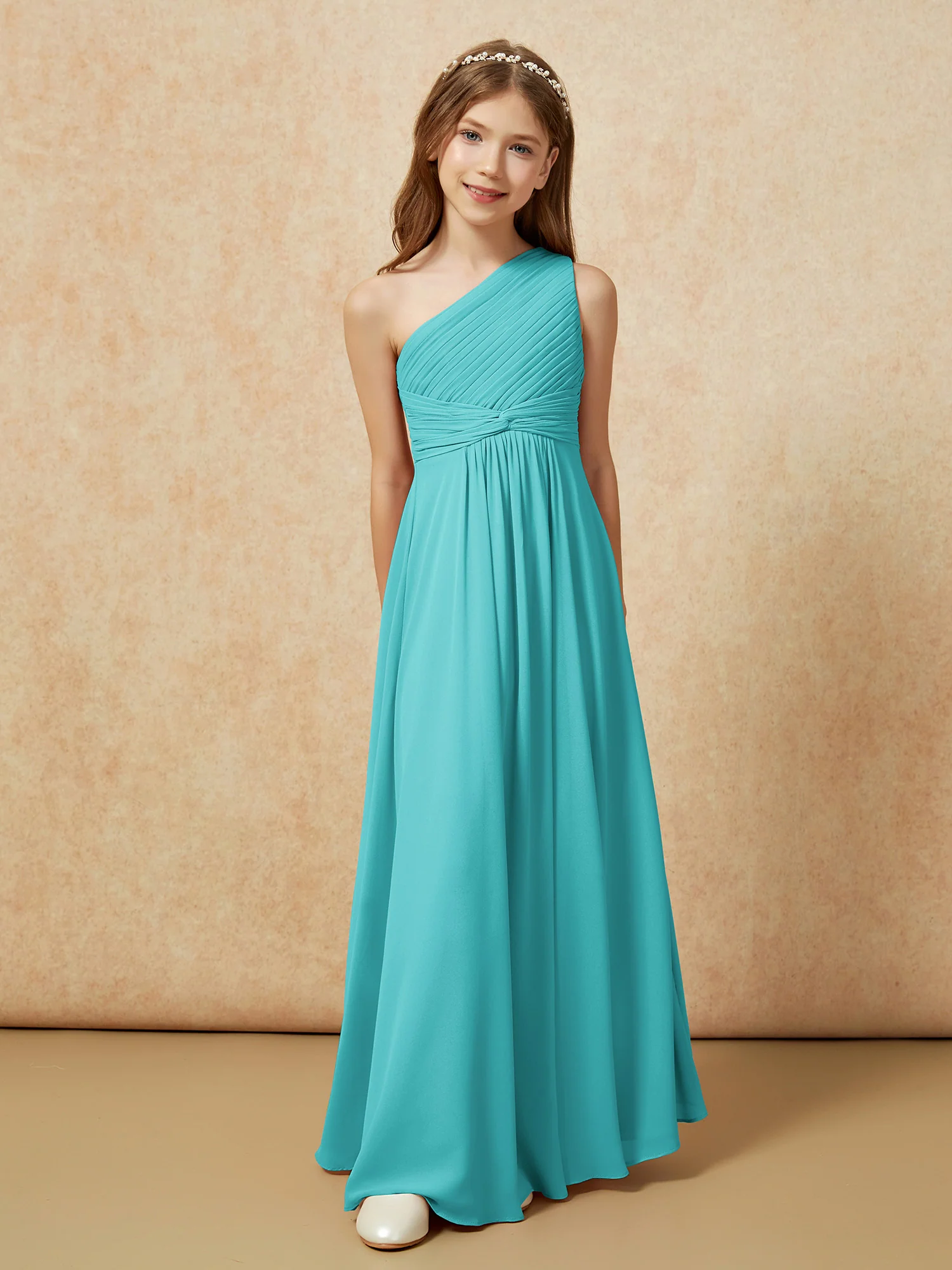 One Shoulder Pleated Chiffon Junior Bridesmaid Dress Jade