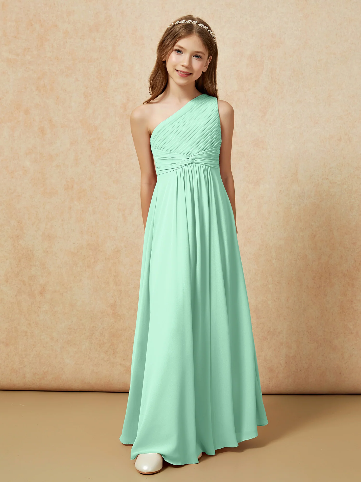 One Shoulder Pleated Chiffon Junior Bridesmaid Dress Mint Green