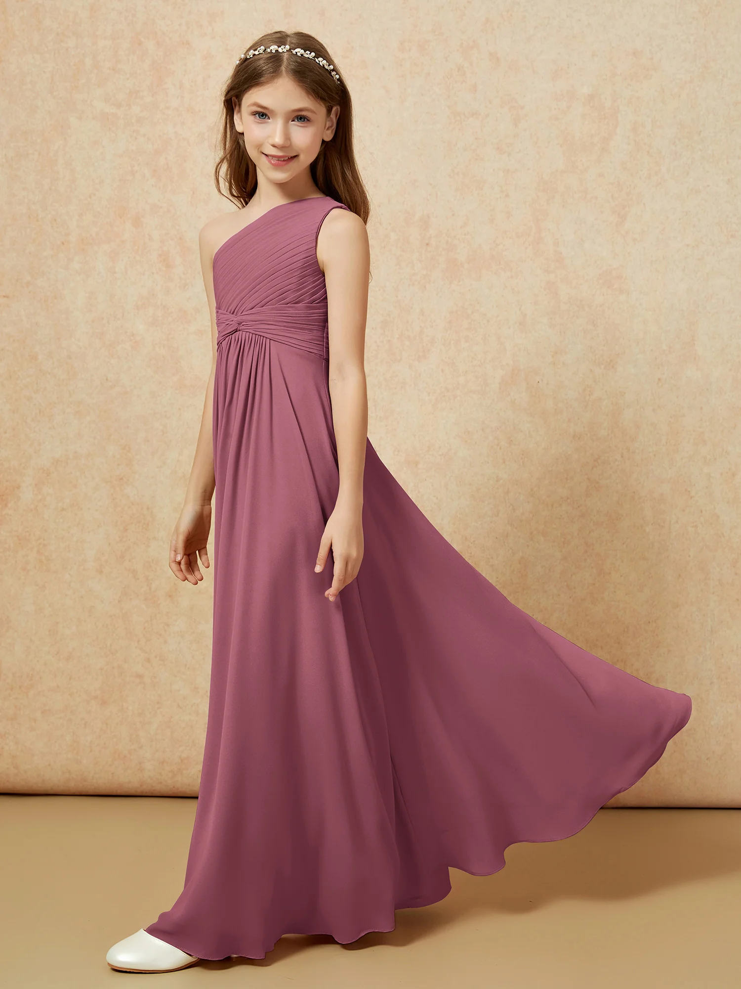 One Shoulder Pleated Chiffon Junior Bridesmaid Dress Mulberry - Image 3