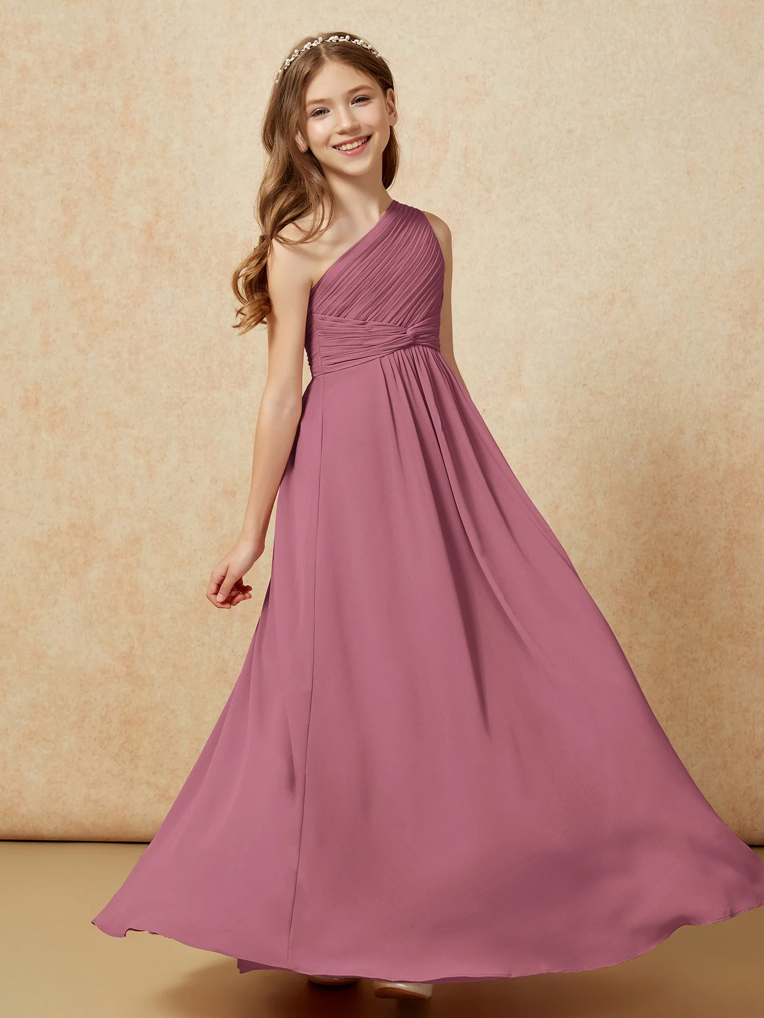 One Shoulder Pleated Chiffon Junior Bridesmaid Dress Mulberry - Image 5