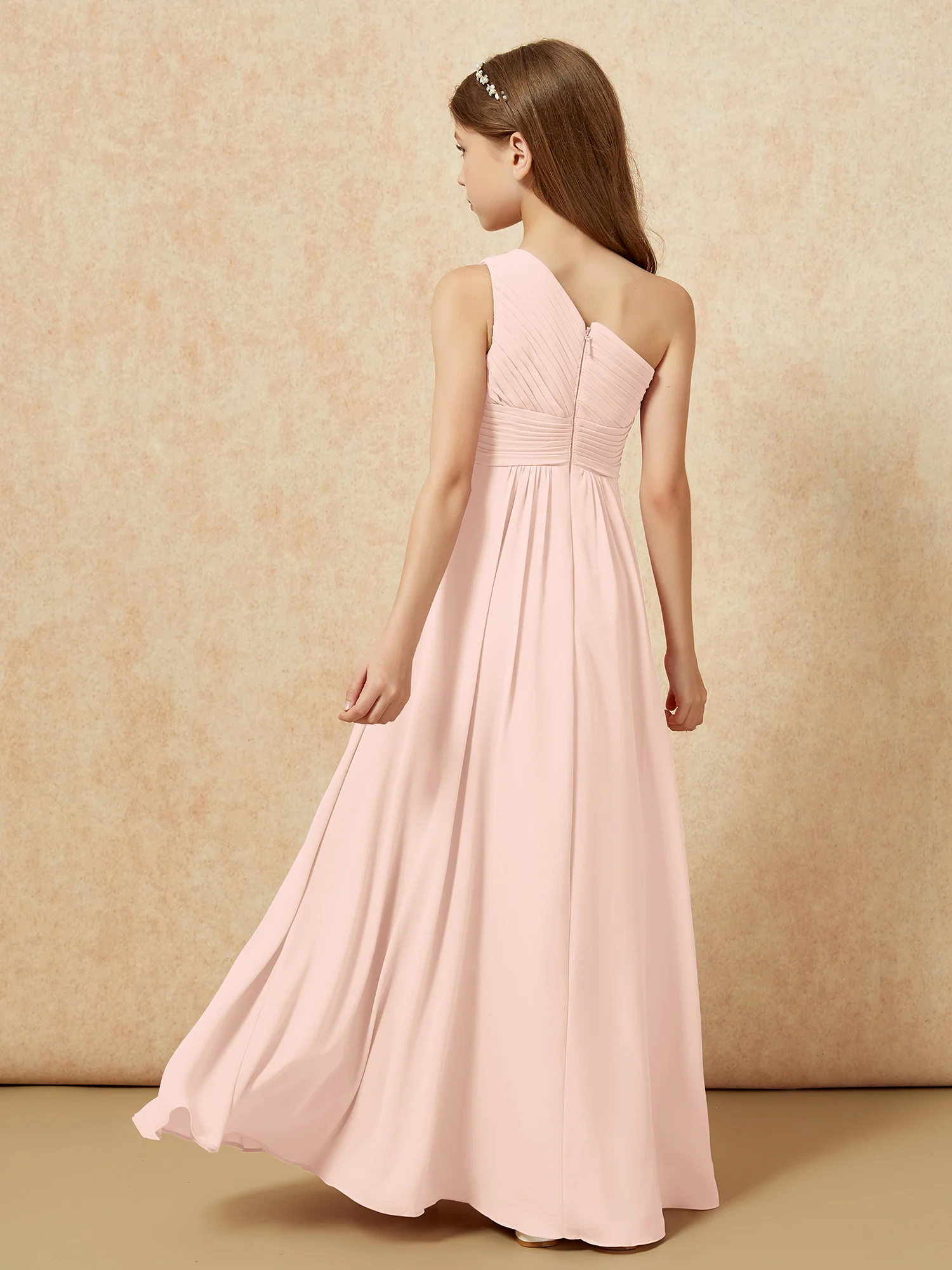 One Shoulder Pleated Chiffon Junior Bridesmaid Dress Pearl Pink - Image 2