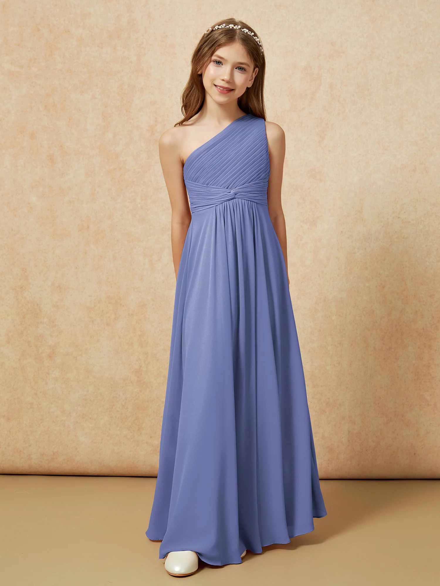 One Shoulder Pleated Chiffon Junior Bridesmaid Dress Periwinkle