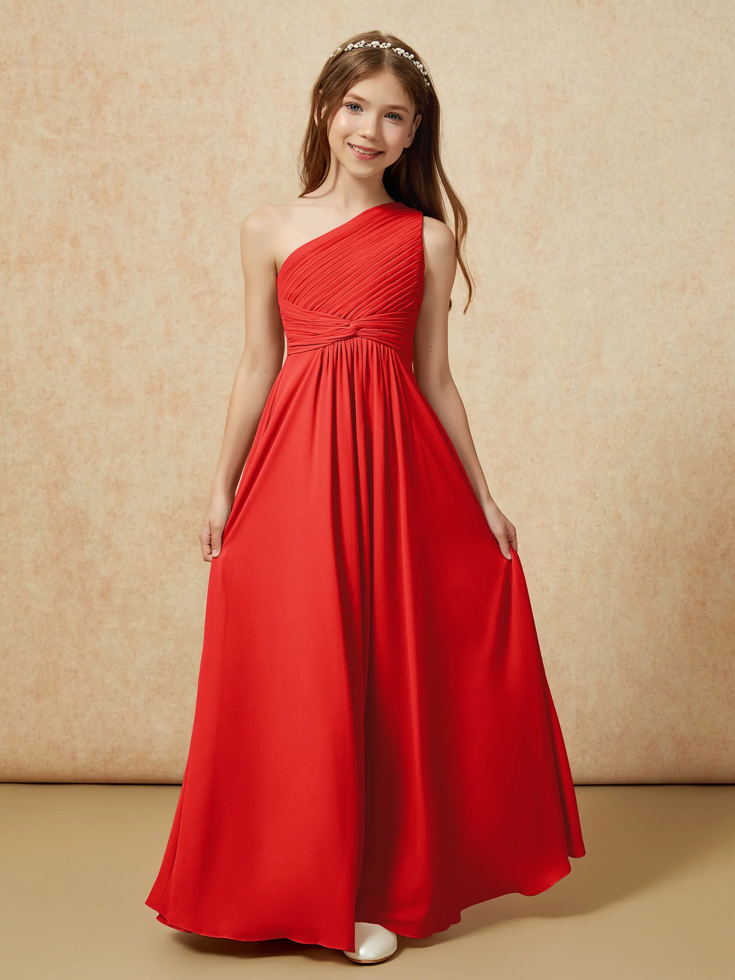 One Shoulder Pleated Chiffon Junior Bridesmaid Dress Red - Image 4