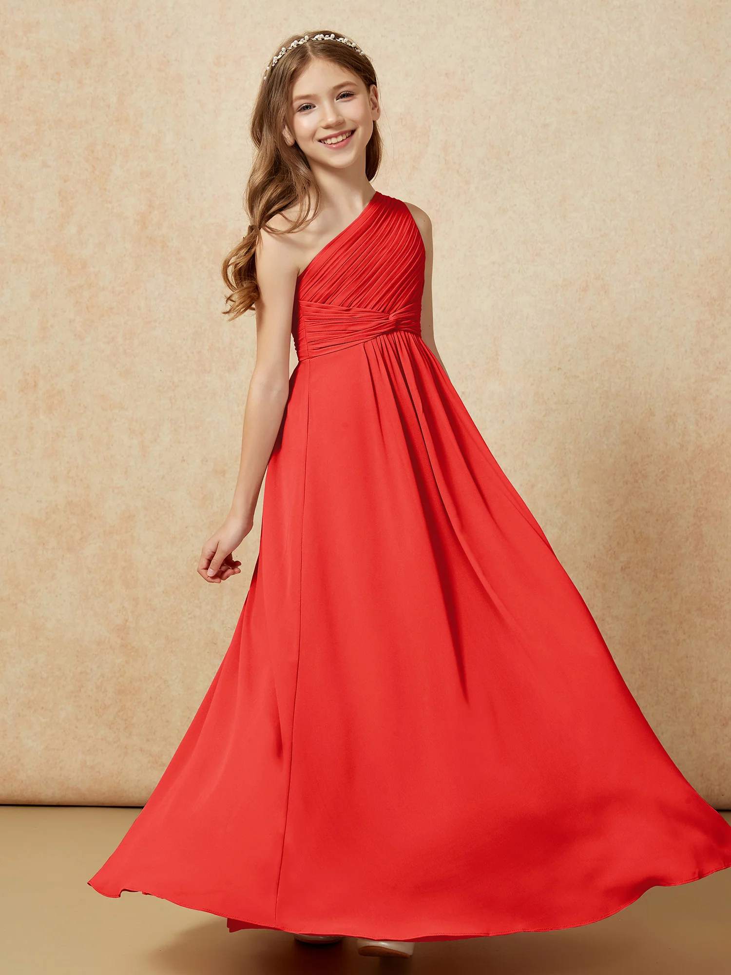 One Shoulder Pleated Chiffon Junior Bridesmaid Dress Red - Image 5