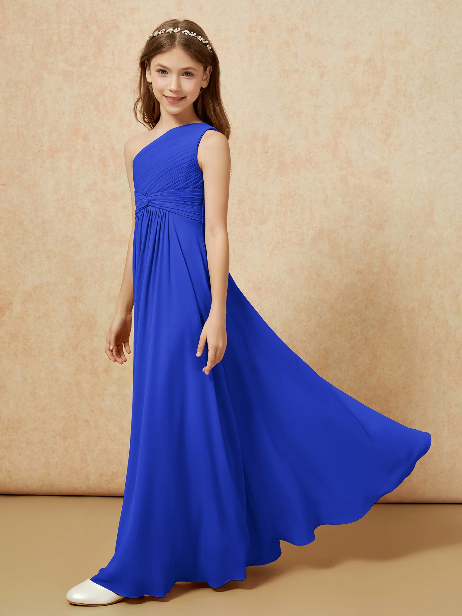 One Shoulder Pleated Chiffon Junior Bridesmaid Dress Royal Blue - Image 3