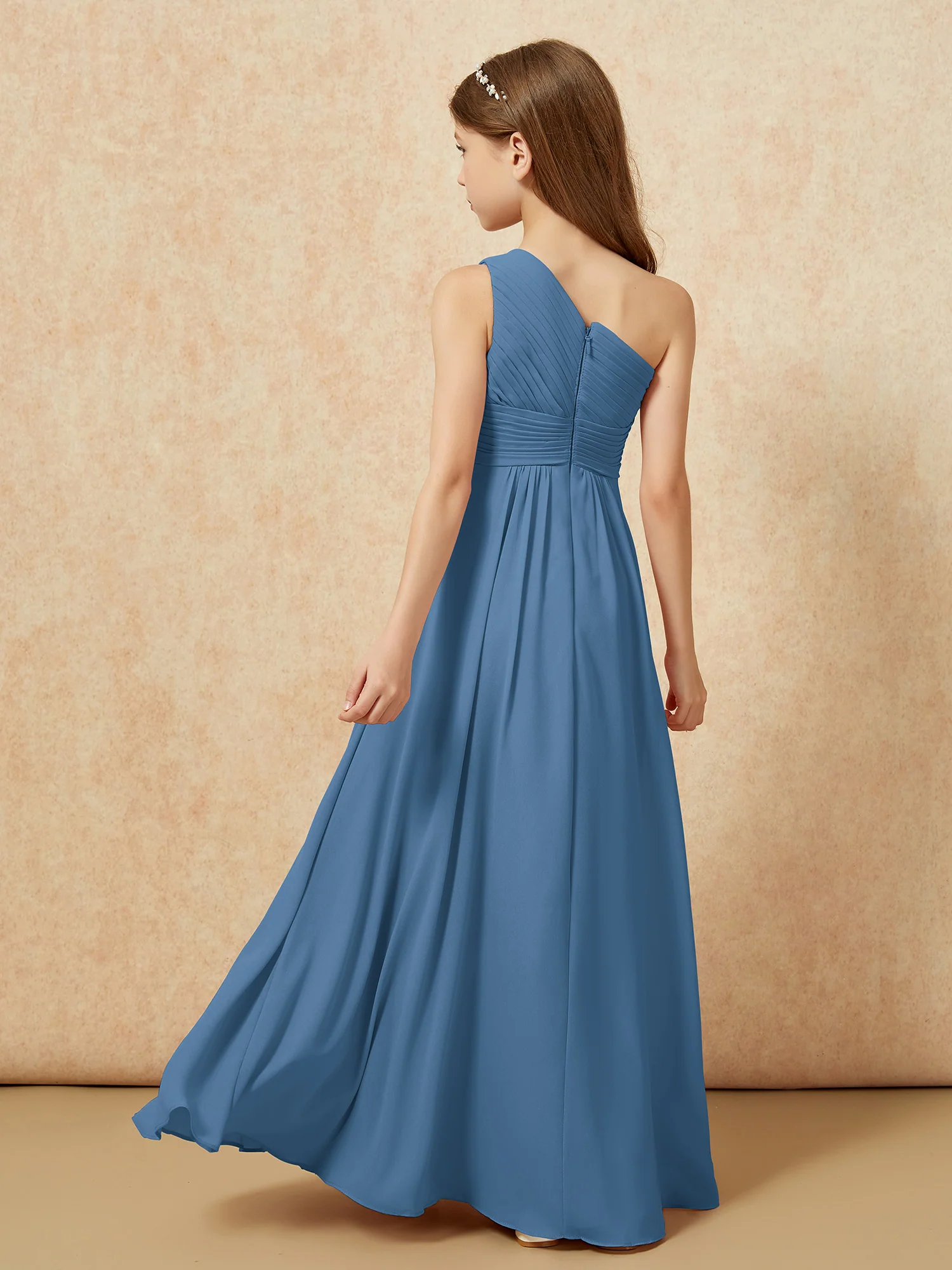 One Shoulder Pleated Chiffon Junior Bridesmaid Dress Slate Blue - Image 2