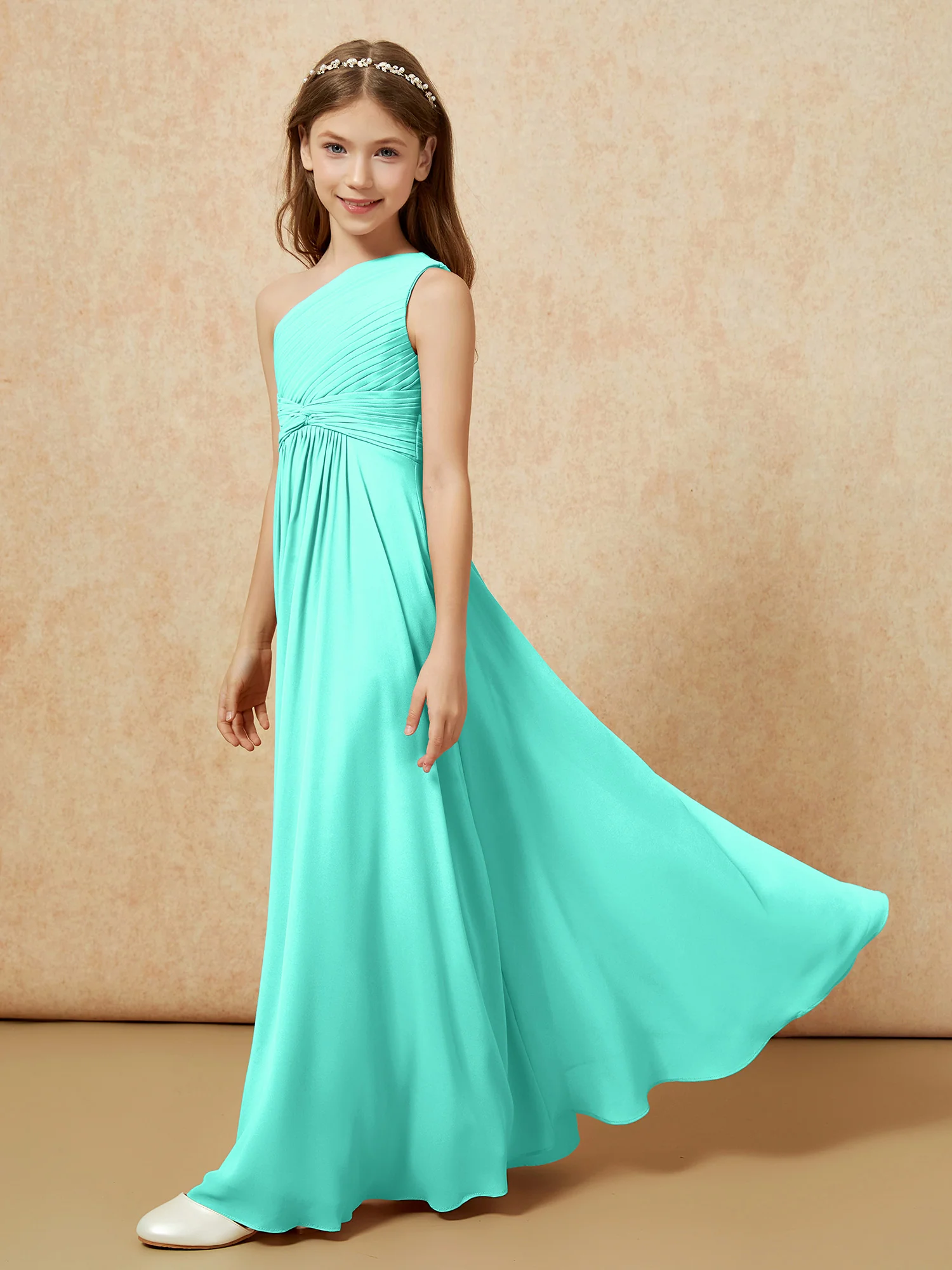 One Shoulder Pleated Chiffon Junior Bridesmaid Dress Spa - Image 3