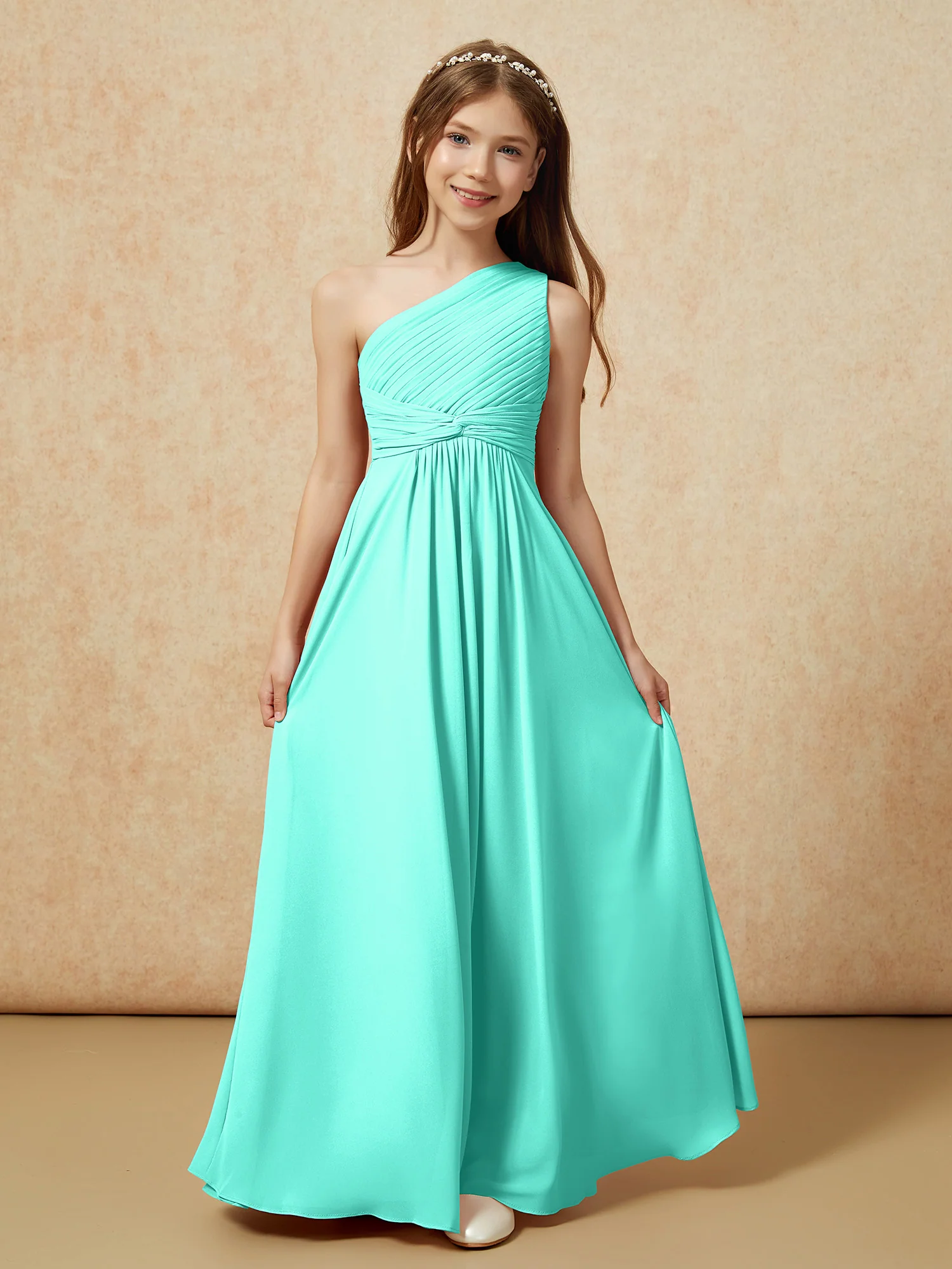 One Shoulder Pleated Chiffon Junior Bridesmaid Dress Spa - Image 4