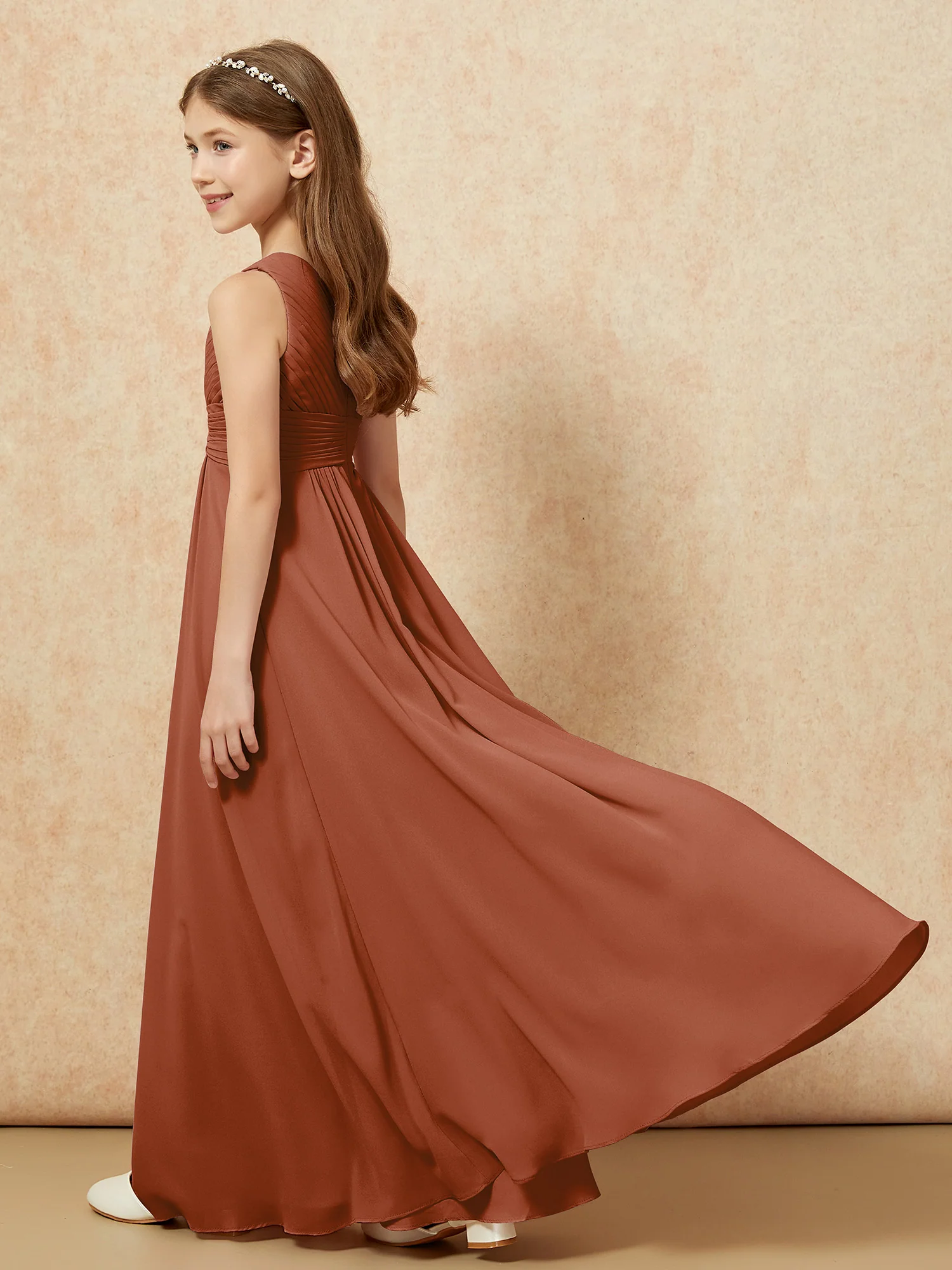 One Shoulder Pleated Chiffon Junior Bridesmaid Dress Terracotta - Image 6