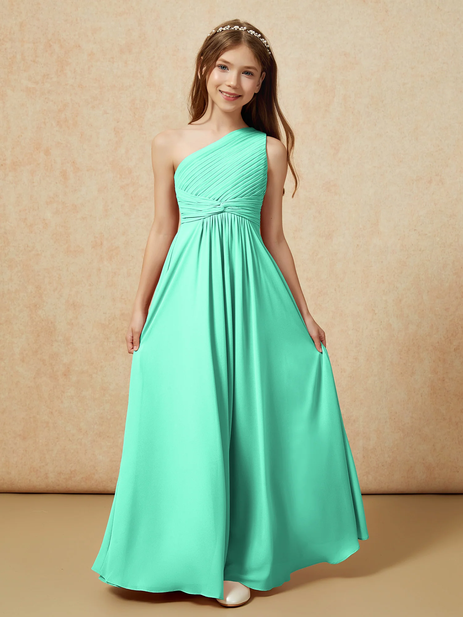 One Shoulder Pleated Chiffon Junior Bridesmaid Dress Turquoise - Image 4