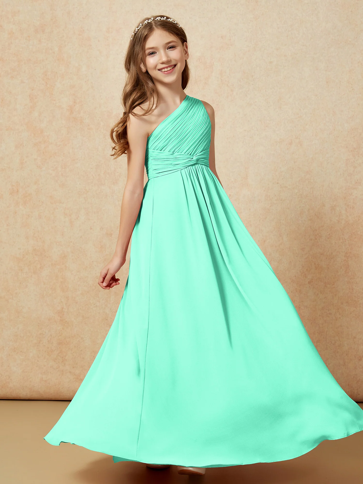 One Shoulder Pleated Chiffon Junior Bridesmaid Dress Turquoise - Image 5