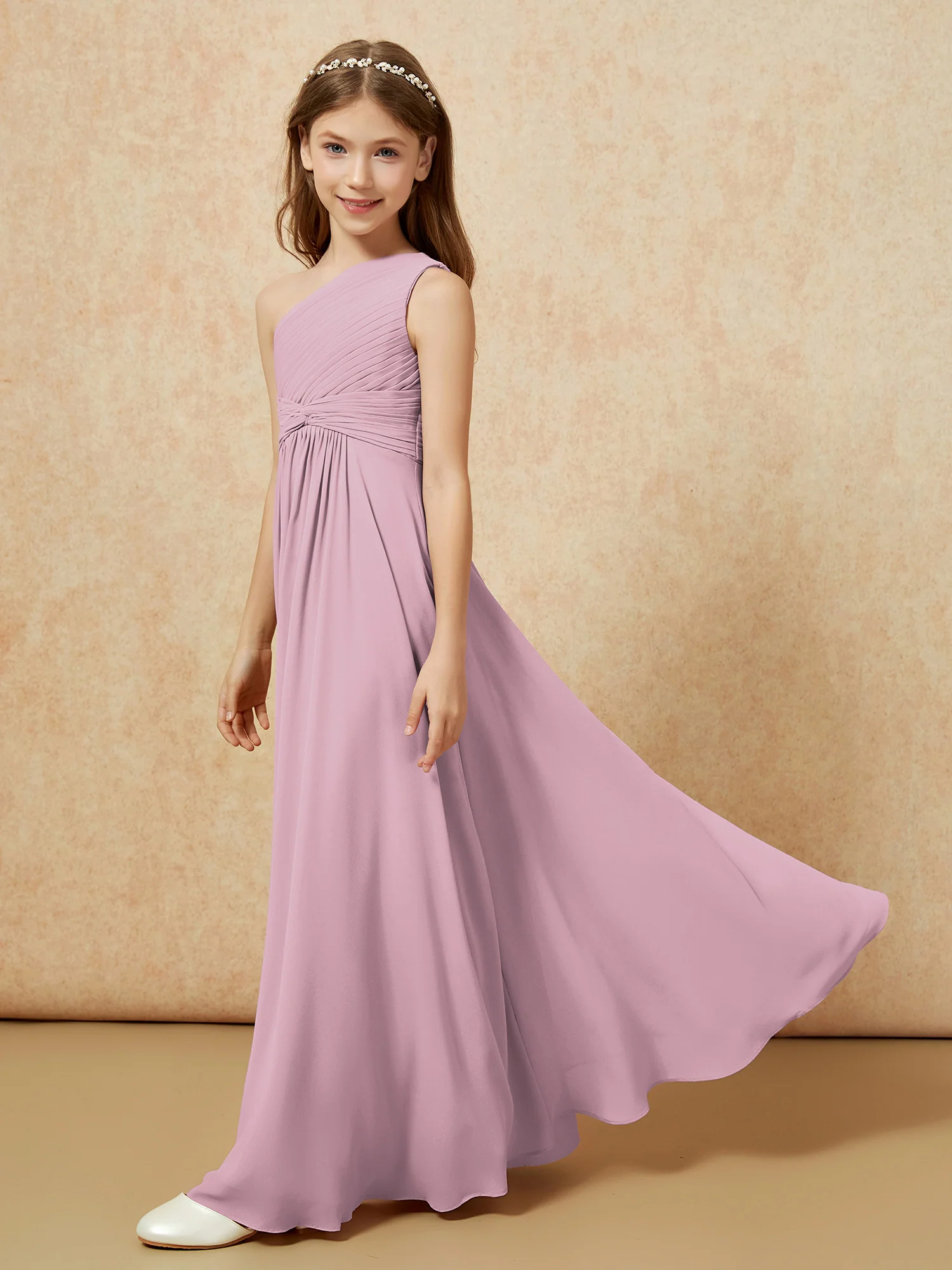 One Shoulder Pleated Chiffon Junior Bridesmaid Dress Vintage Mauve - Image 3