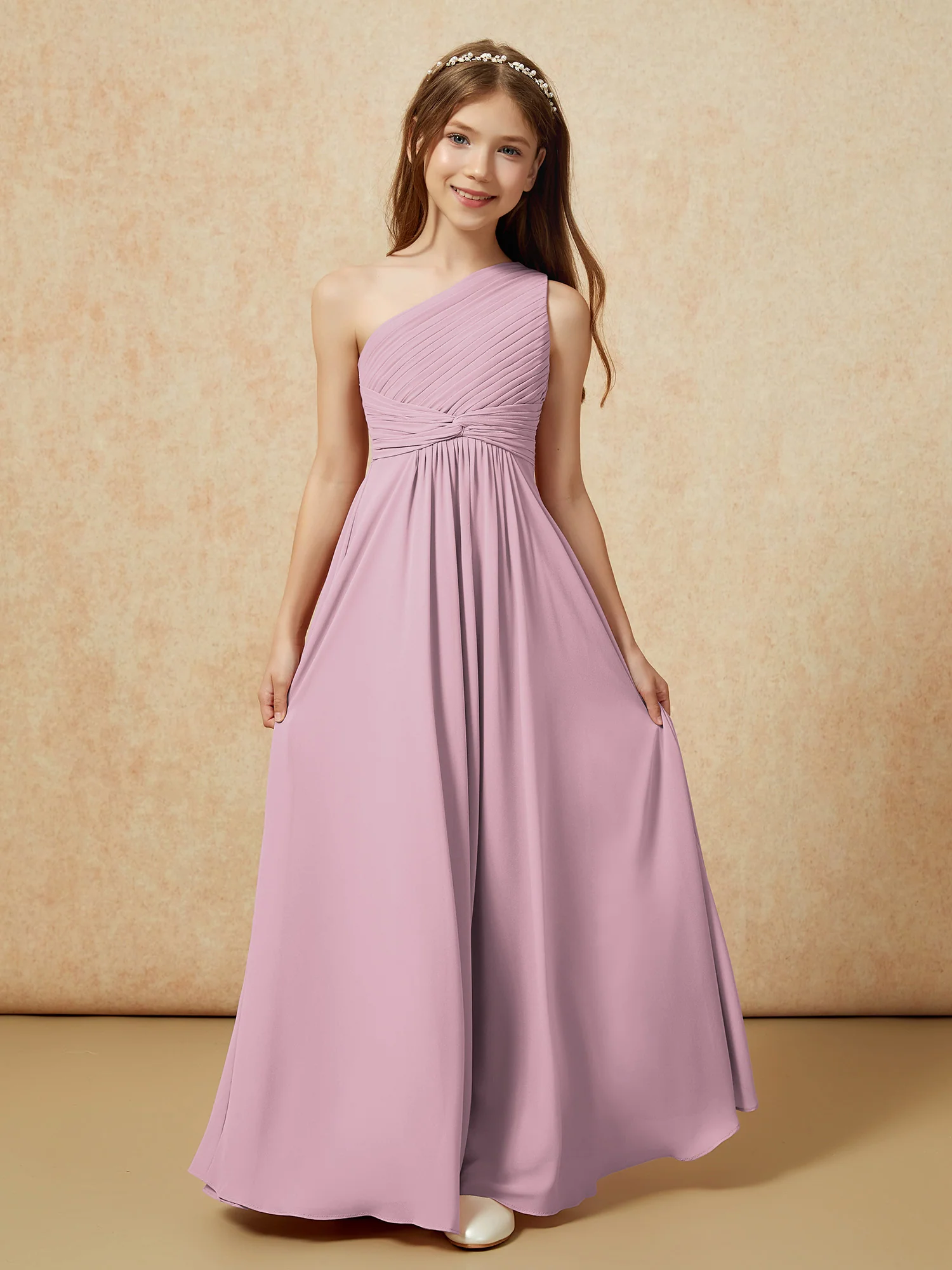 One Shoulder Pleated Chiffon Junior Bridesmaid Dress Vintage Mauve - Image 4