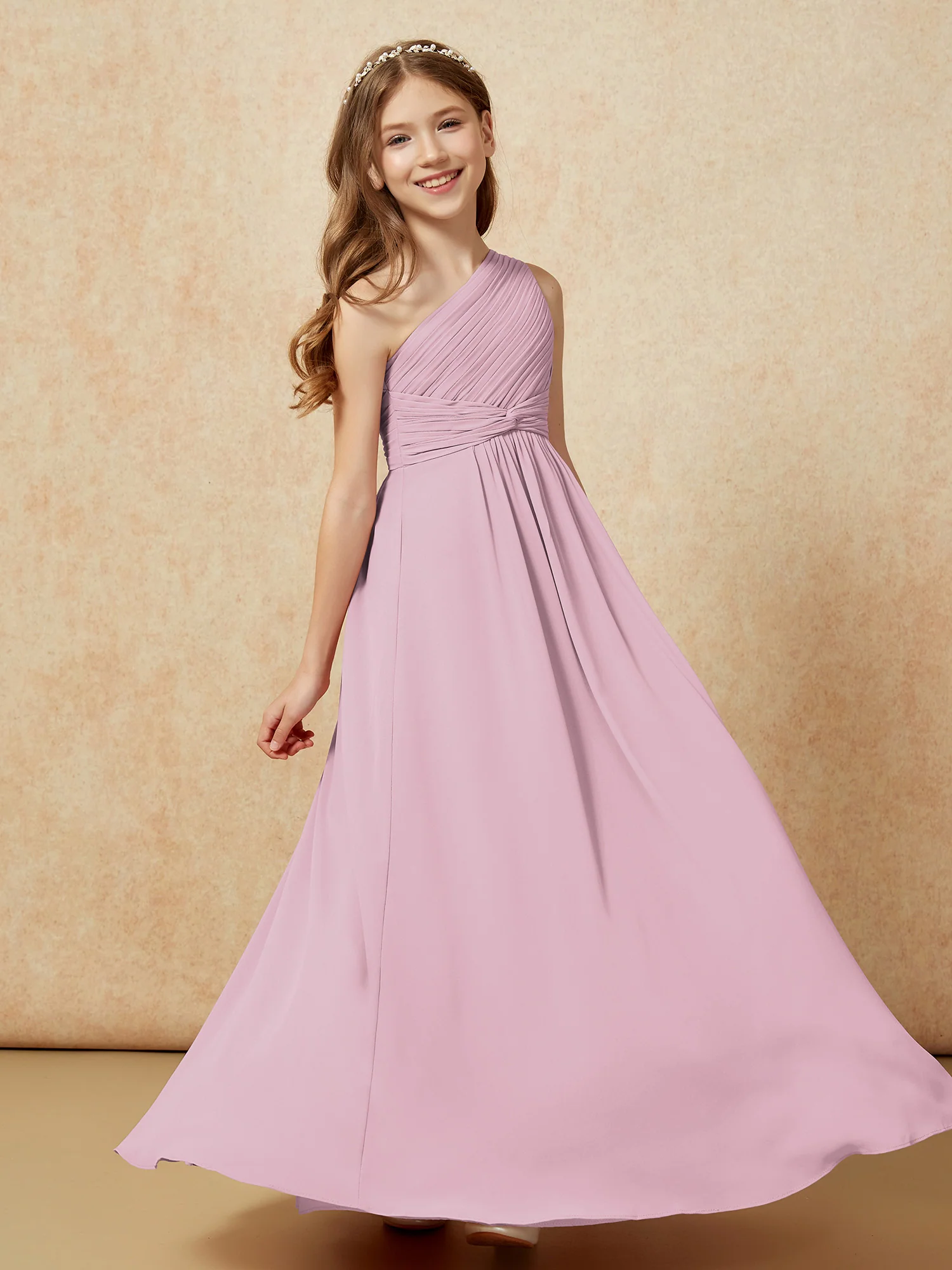 One Shoulder Pleated Chiffon Junior Bridesmaid Dress Vintage Mauve - Image 5