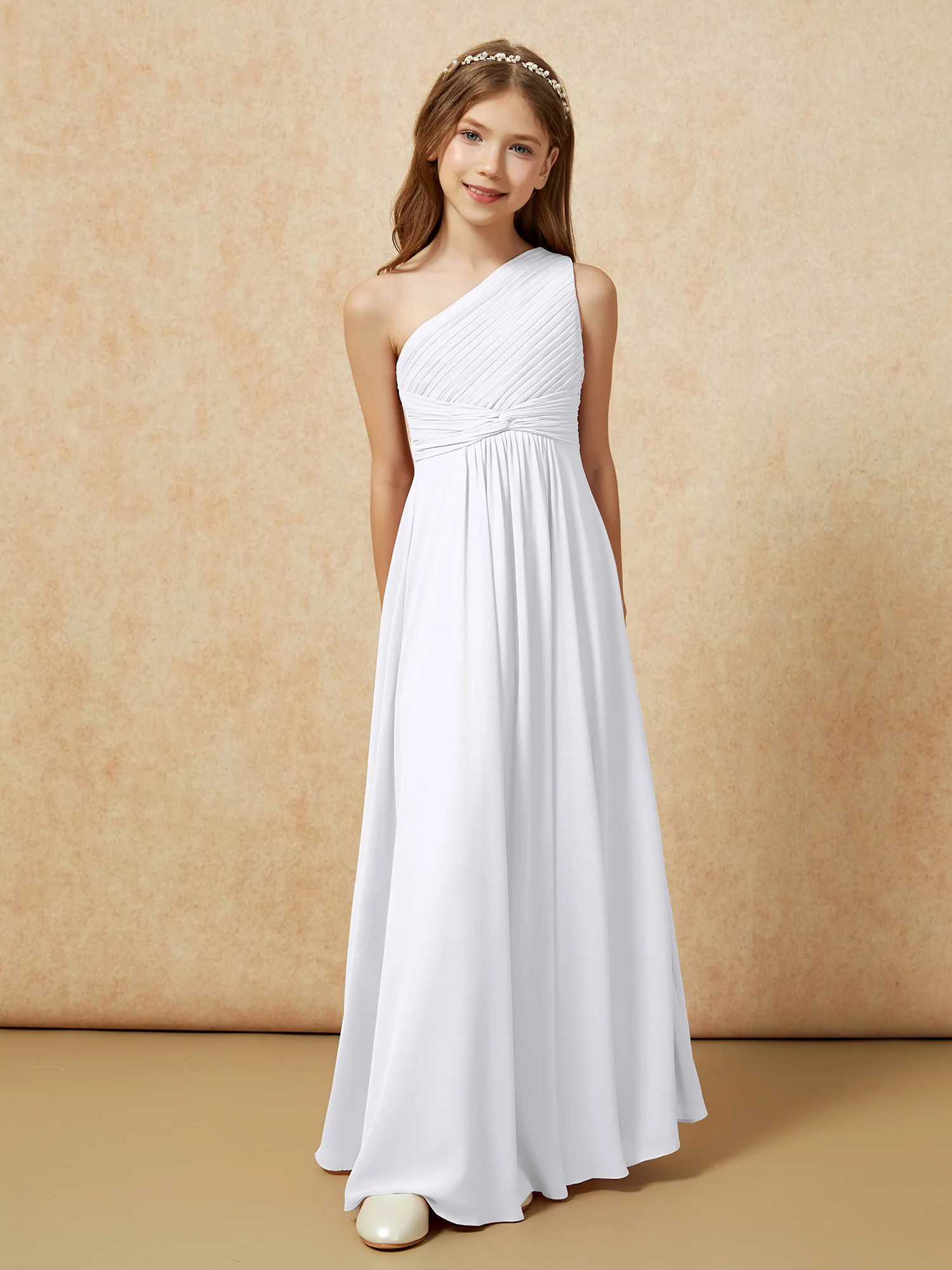One Shoulder Pleated Chiffon Junior Bridesmaid Dress White
