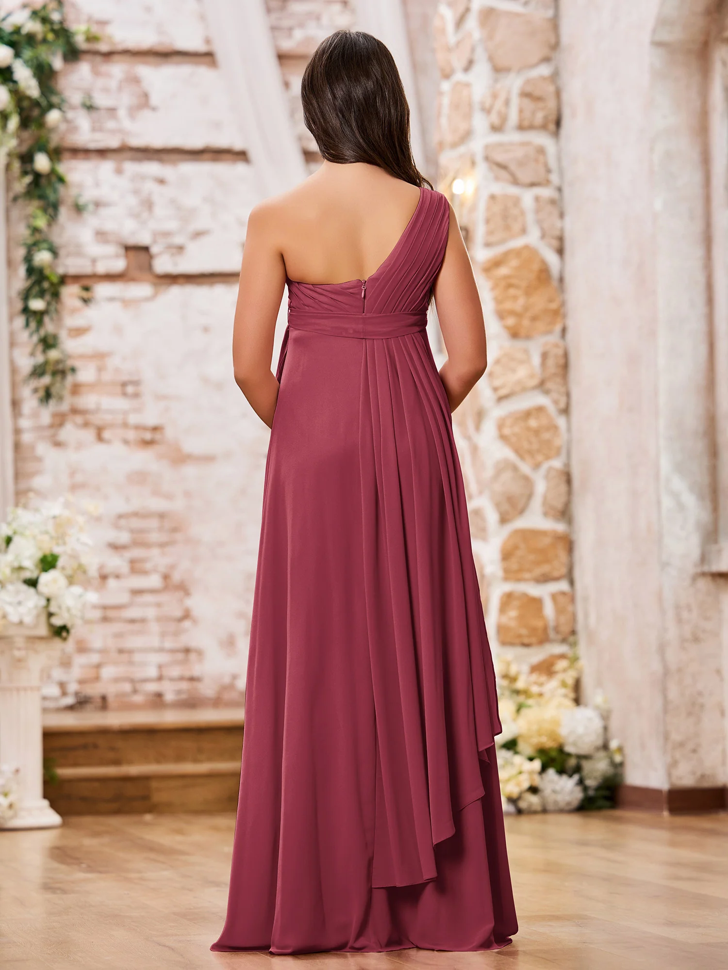 One Shoulder Rcuhed Chiffon Long Dresses With Belt Cinnamon Rose - Image 2