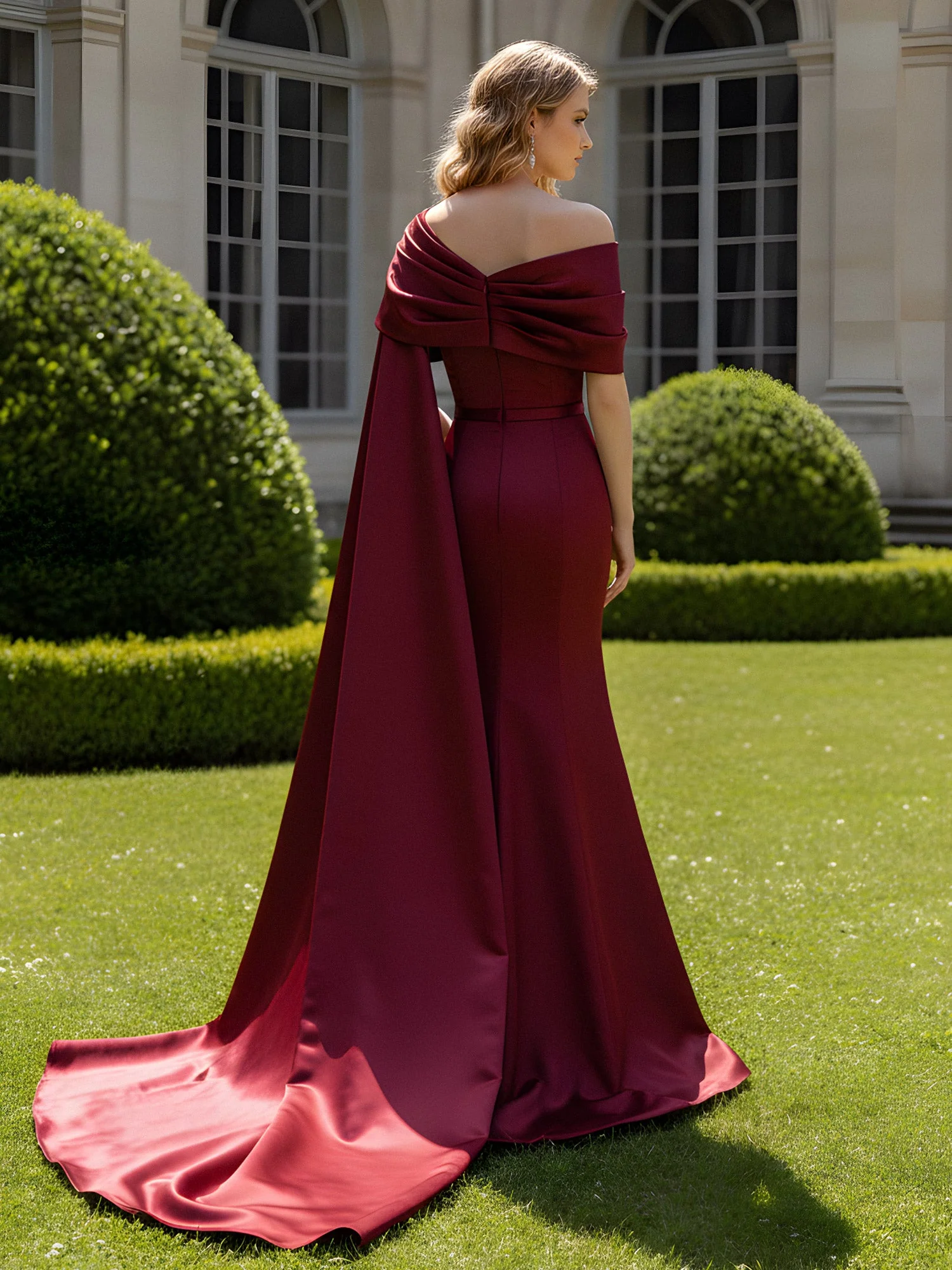 One Shoulder Sheath Long Slit Dress With Cape Dark Navy - Image 2