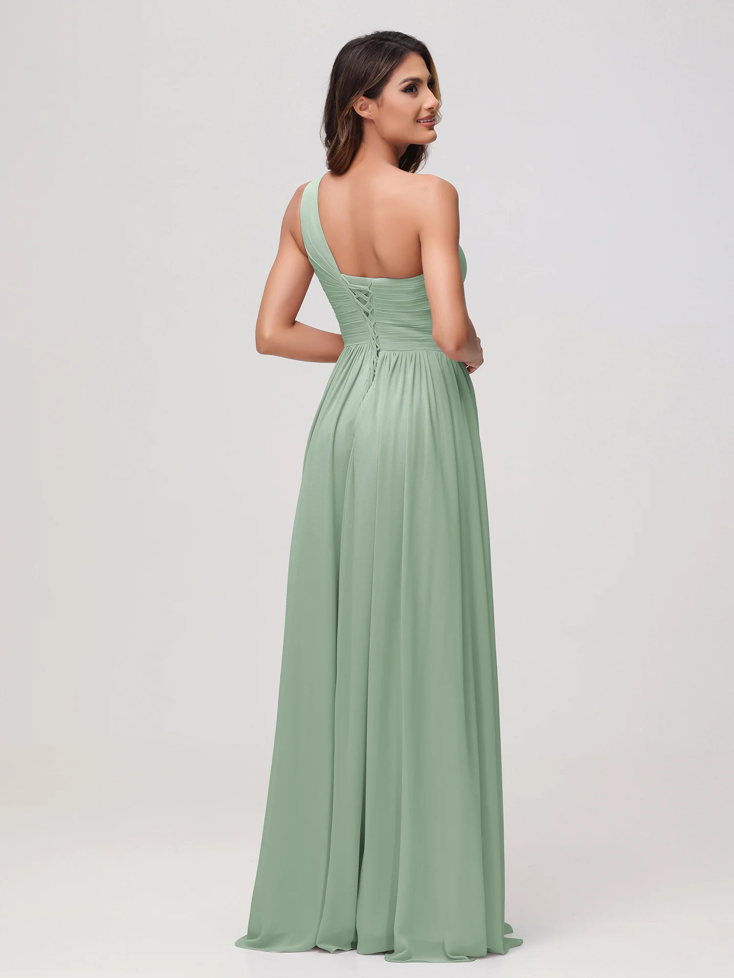 One Shoulder Sleeveless Ruched Chiffon A-line Dress Agave - Image 2