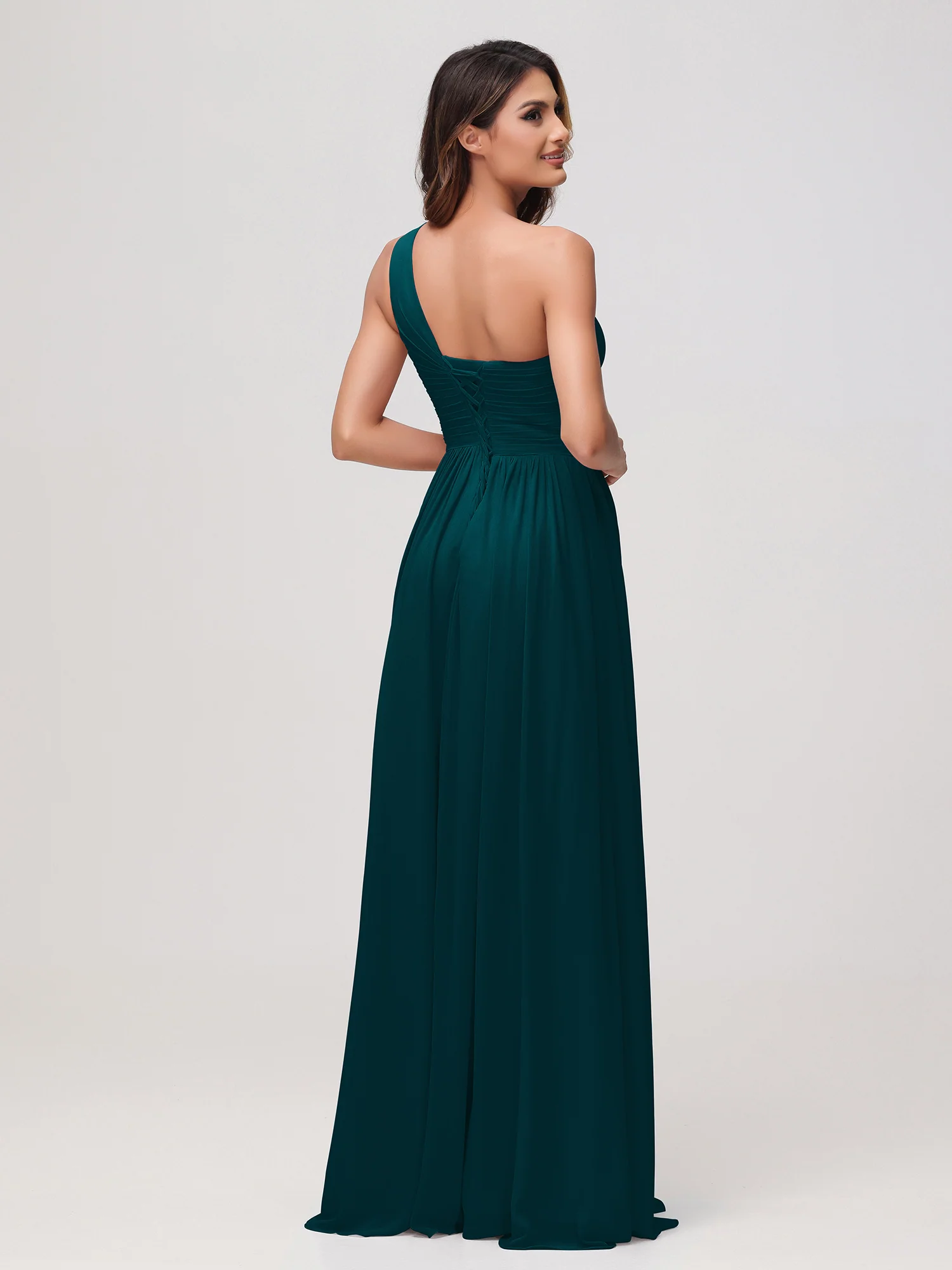 One Shoulder Sleeveless Ruched Chiffon A-line Dress Pine - Image 2