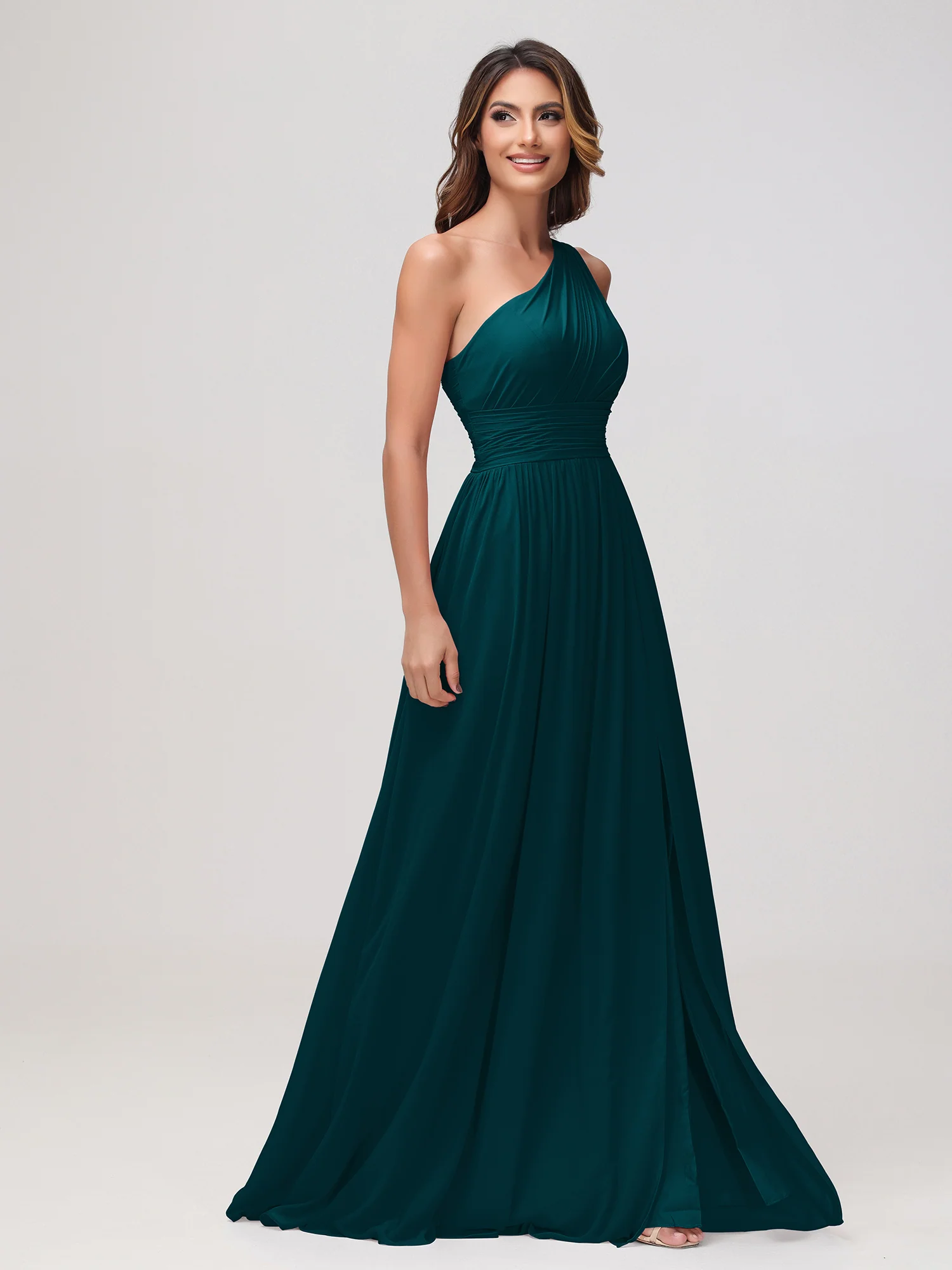 One Shoulder Sleeveless Ruched Chiffon A-line Dress Pine - Image 3