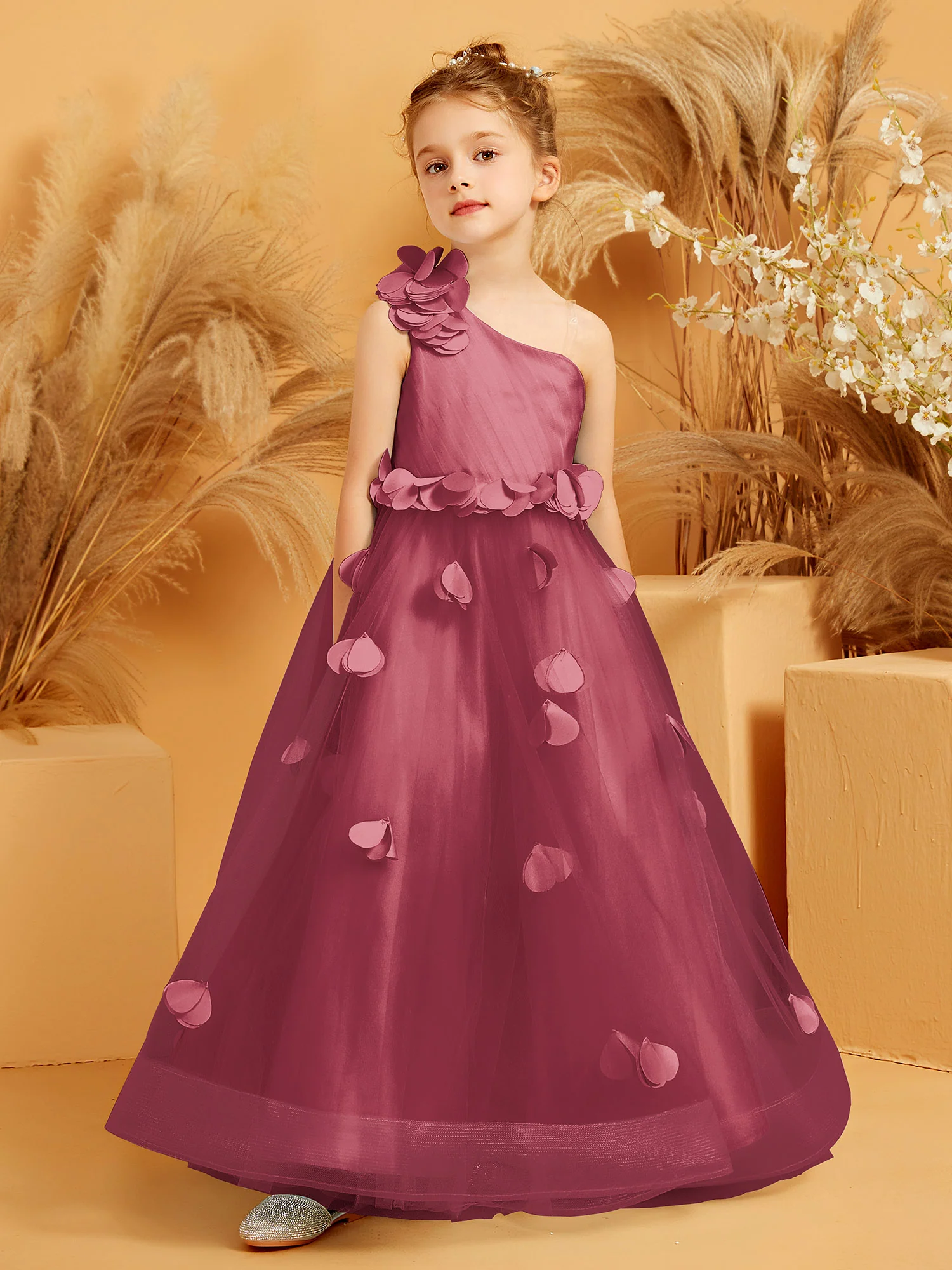 One Shoulder with Flower Floor Length Flower Girl Dress Cinnamon Rose