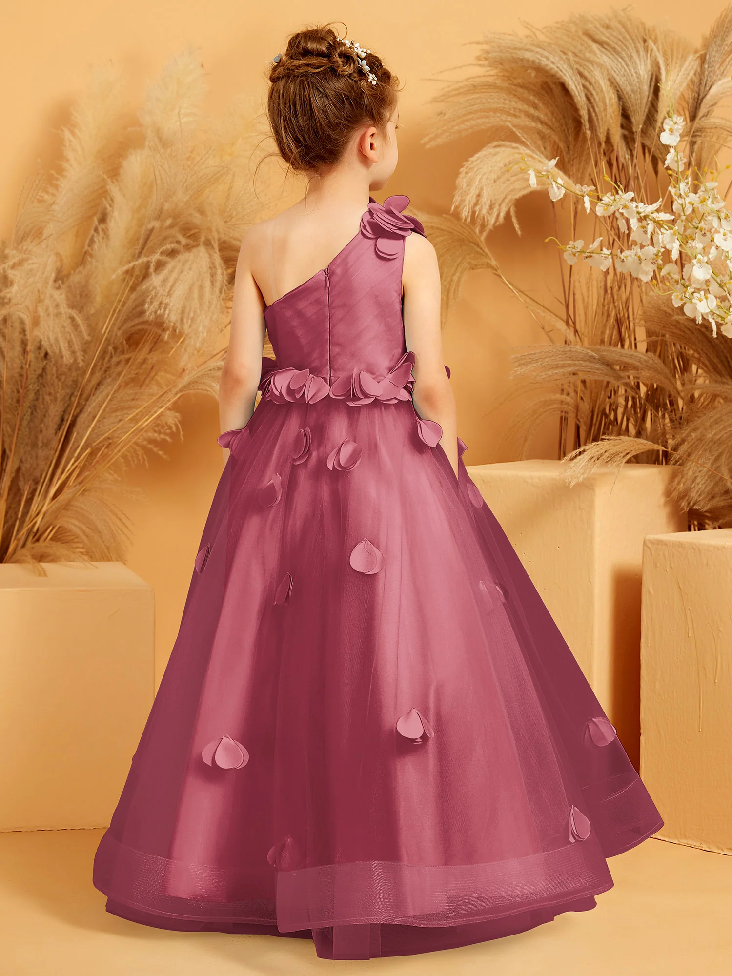 One Shoulder with Flower Floor Length Flower Girl Dress Cinnamon Rose - Image 3