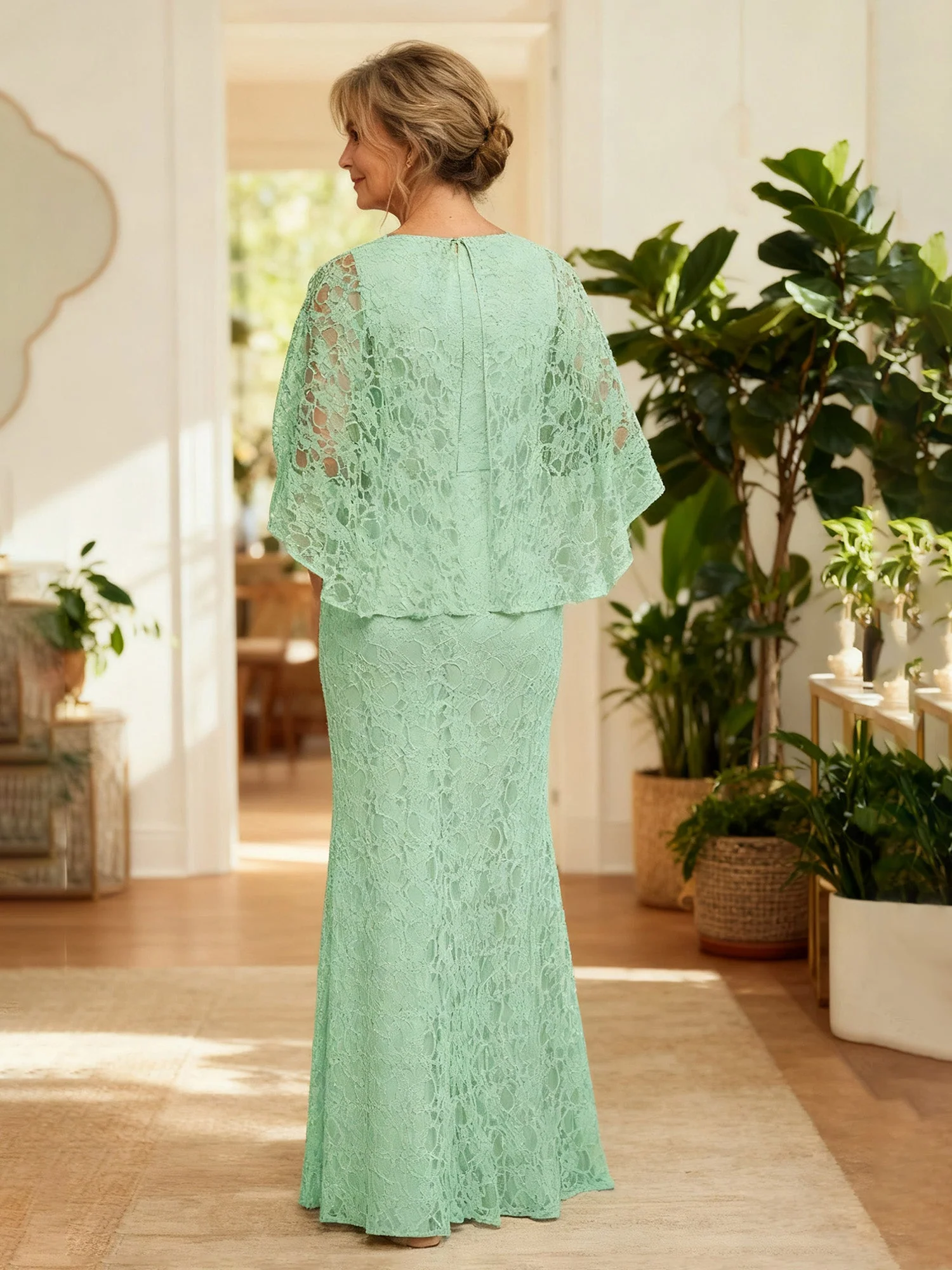 All-Over Lace Capelet Overlay Formal Gown Burgundy - Image 2