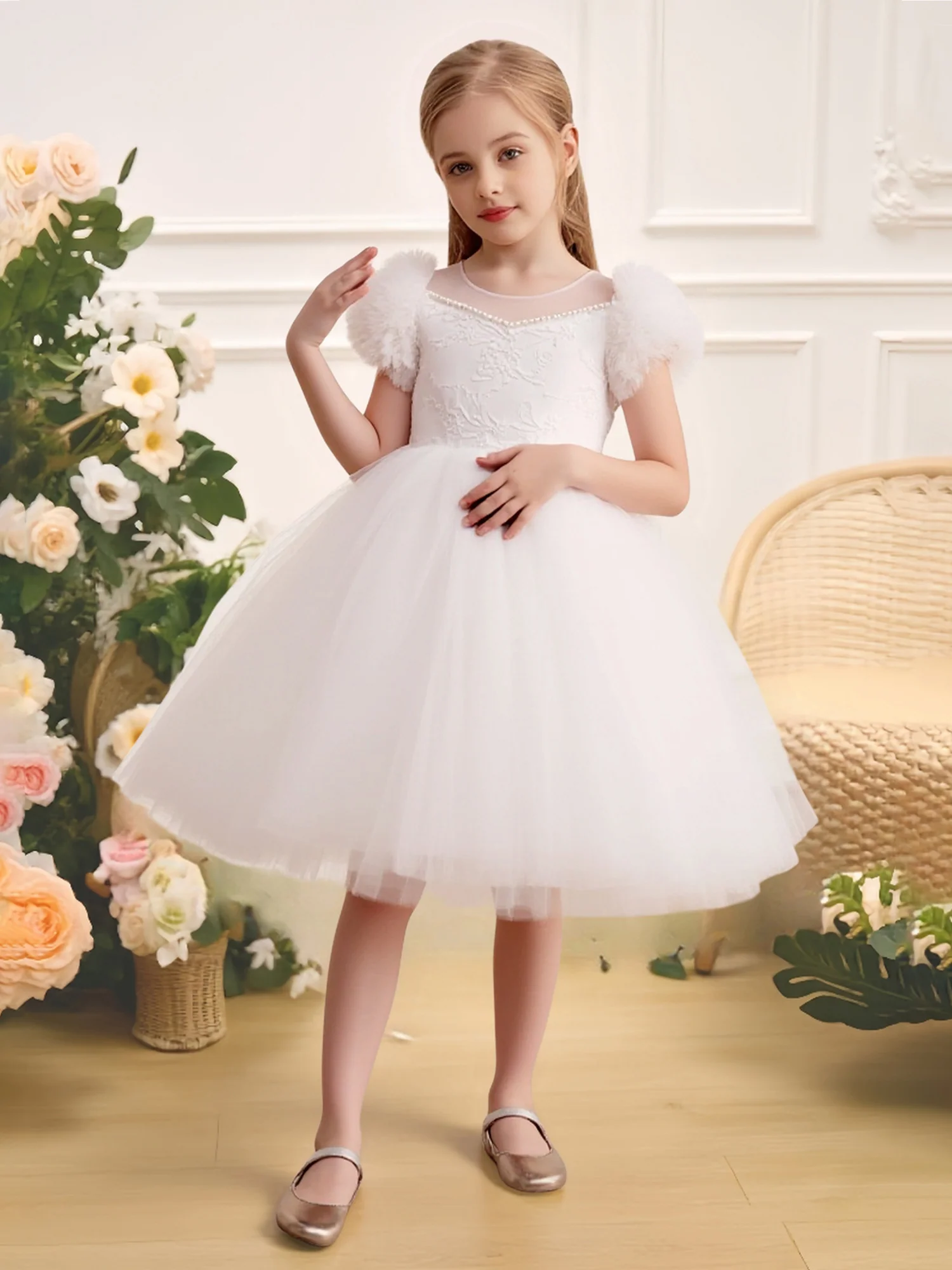 Pearl Trim Puff Sleeve Back Bow Tulle Flower Girl Dress White
