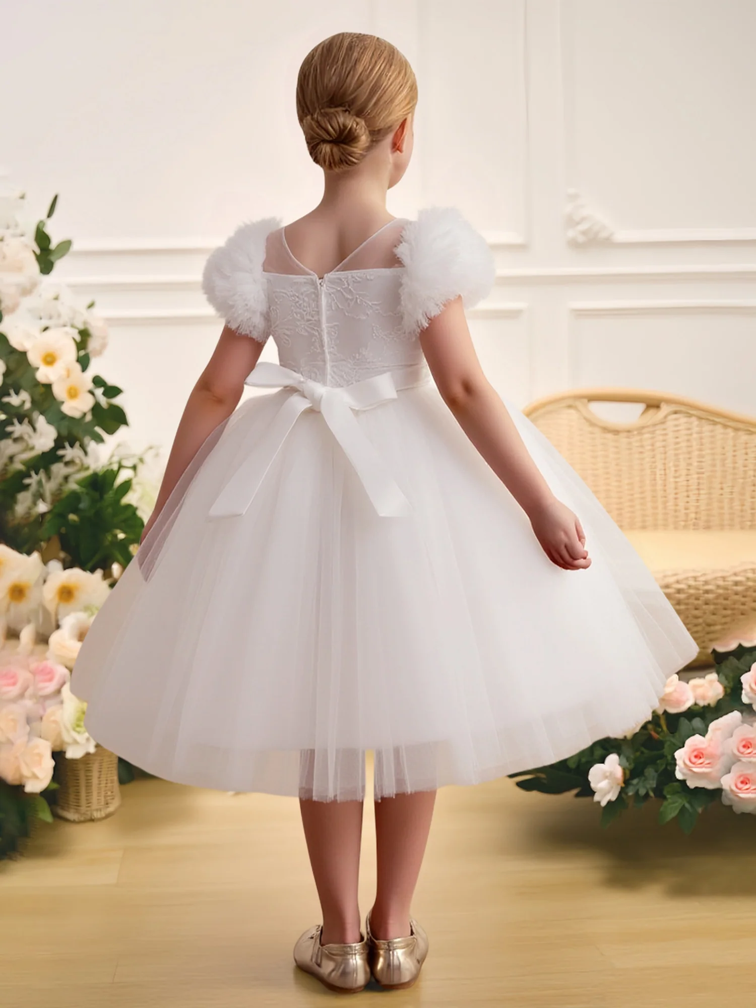 Pearl Trim Puff Sleeve Back Bow Tulle Flower Girl Dress White - Image 2