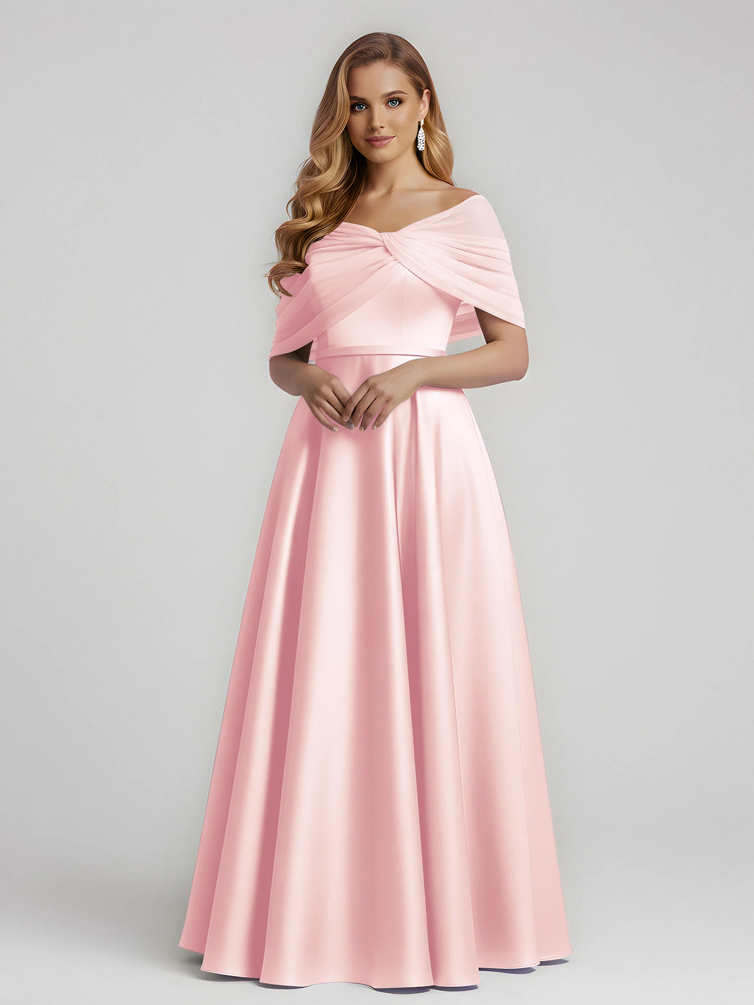 Satin A-Line Floor Length Dresses With Sheer Shawl Blushing Pink