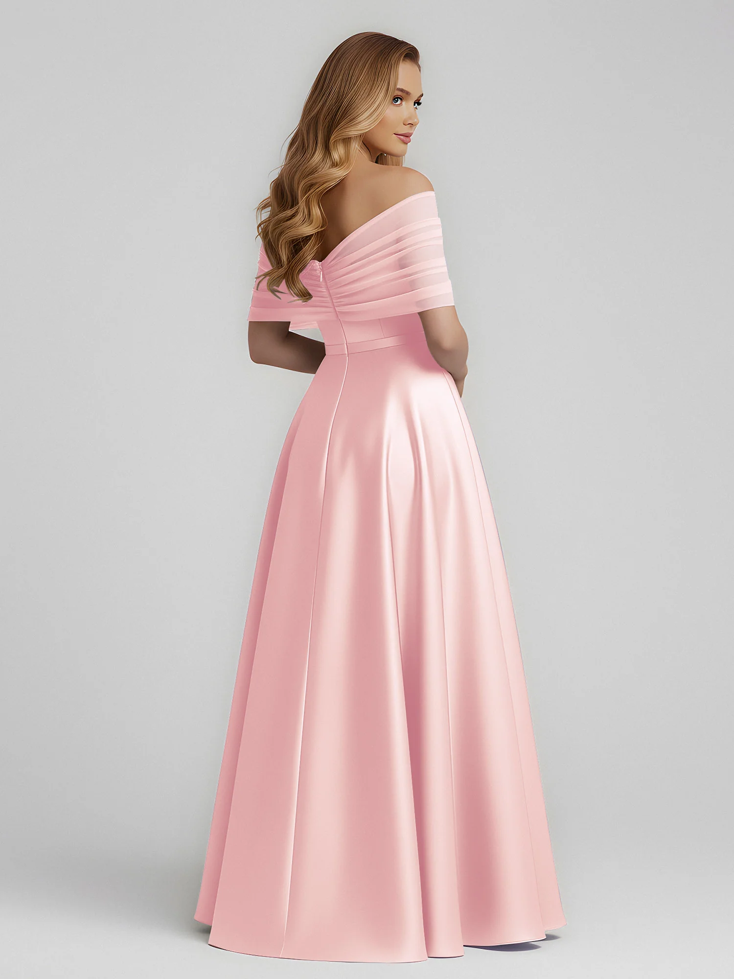 Satin A-Line Floor Length Dresses With Sheer Shawl Blushing Pink - Image 2