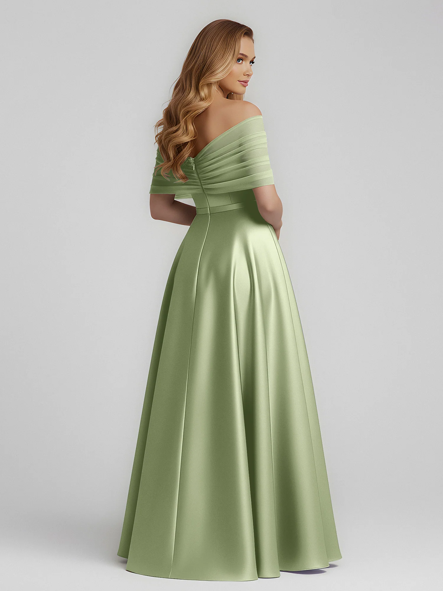Satin A-Line Floor Length Dresses With Sheer Shawl Dusty Sage - Image 2