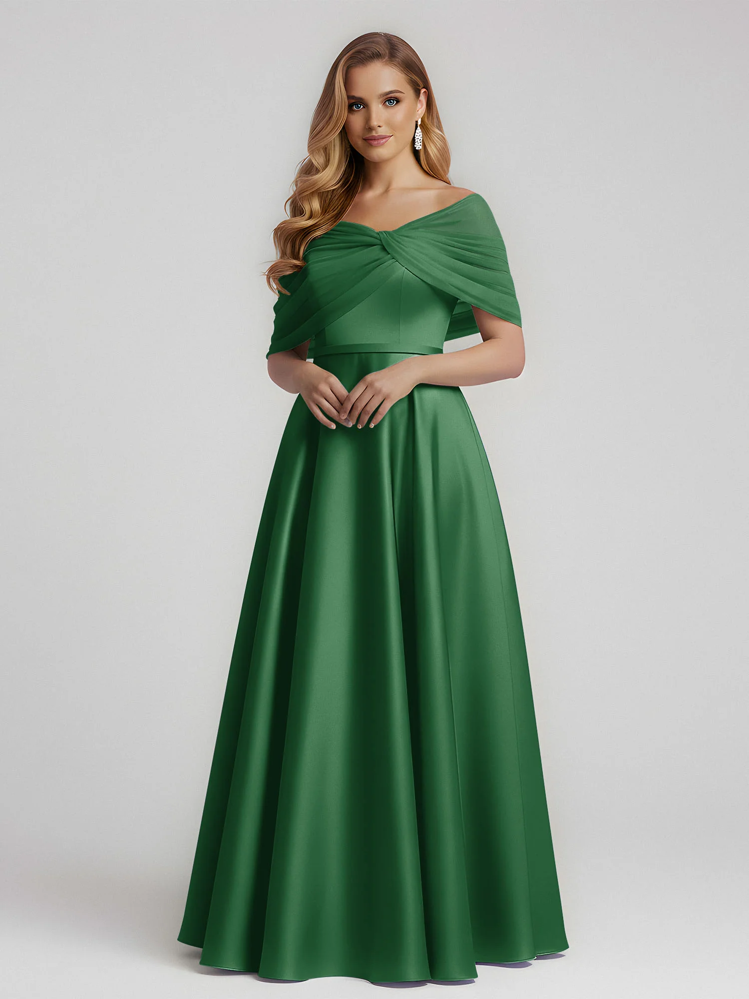 Satin A-Line Floor Length Dresses With Sheer Shawl Emerald