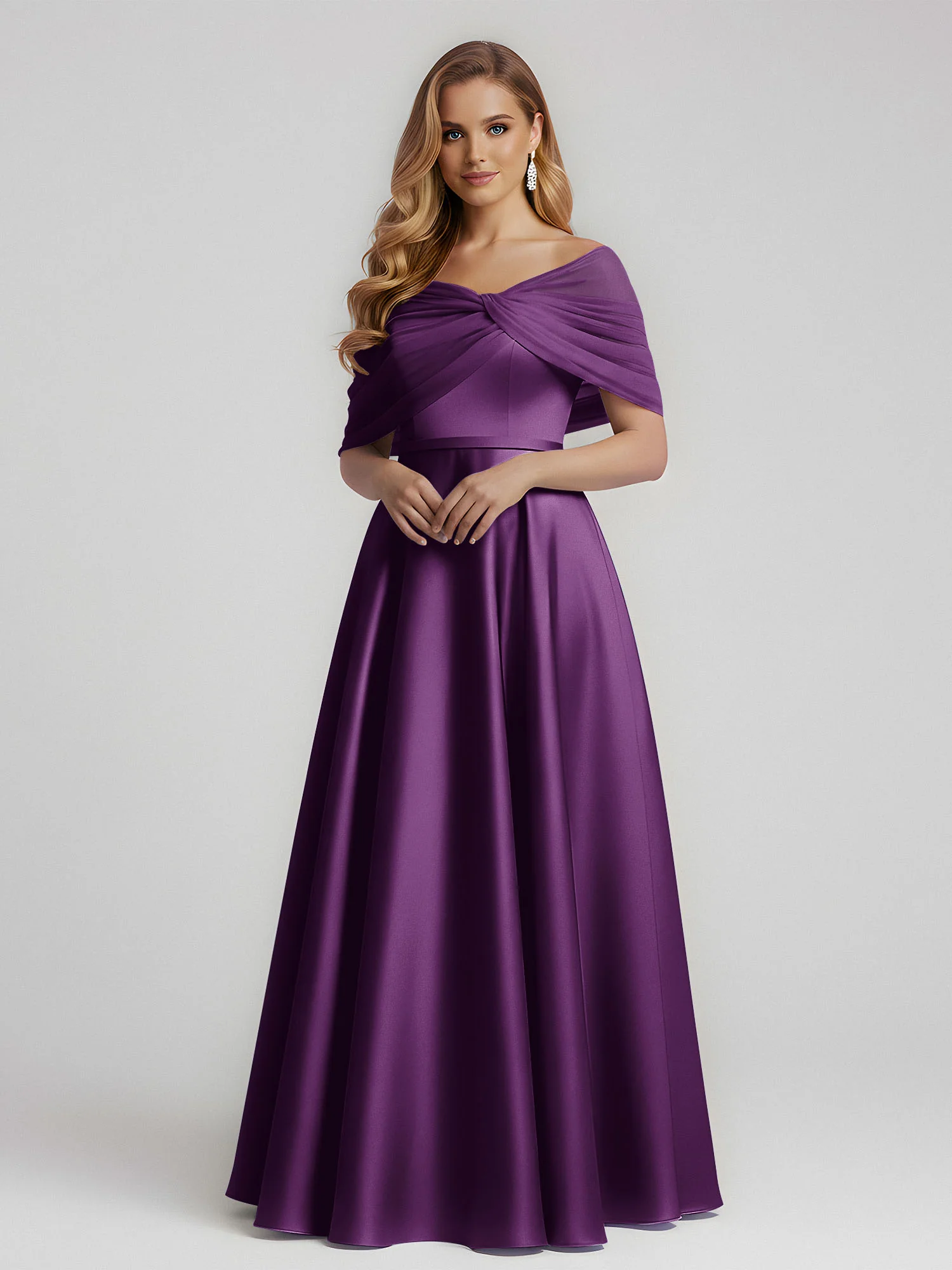 Satin A-Line Floor Length Dresses With Sheer Shawl Grape