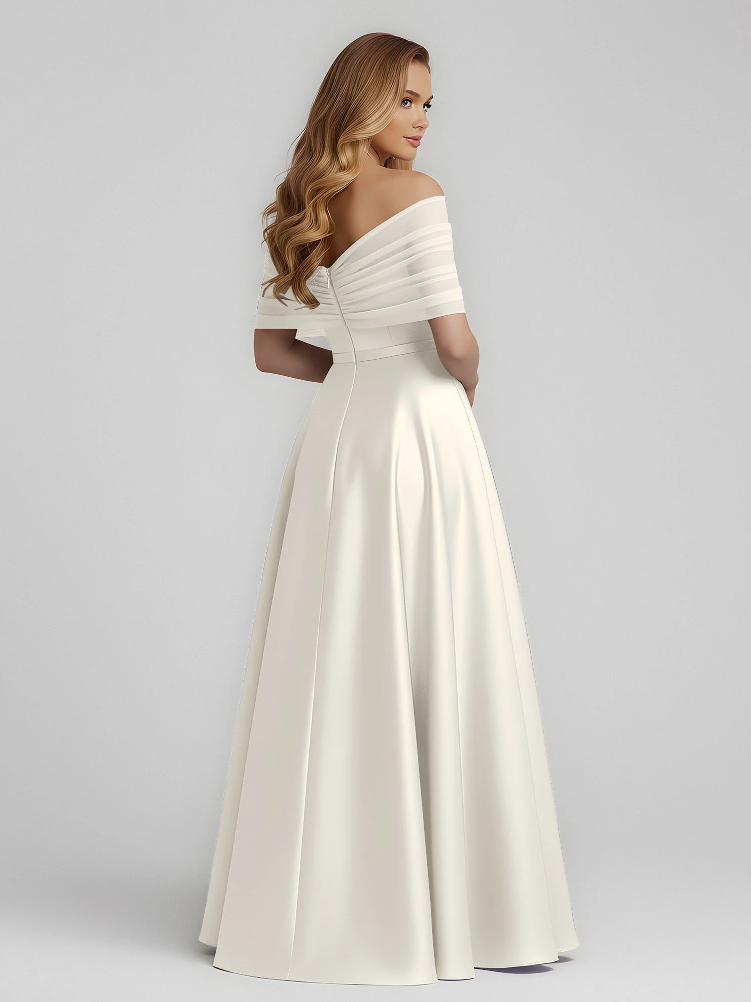 Satin A-Line Floor Length Dresses With Sheer Shawl Ivory - Image 2