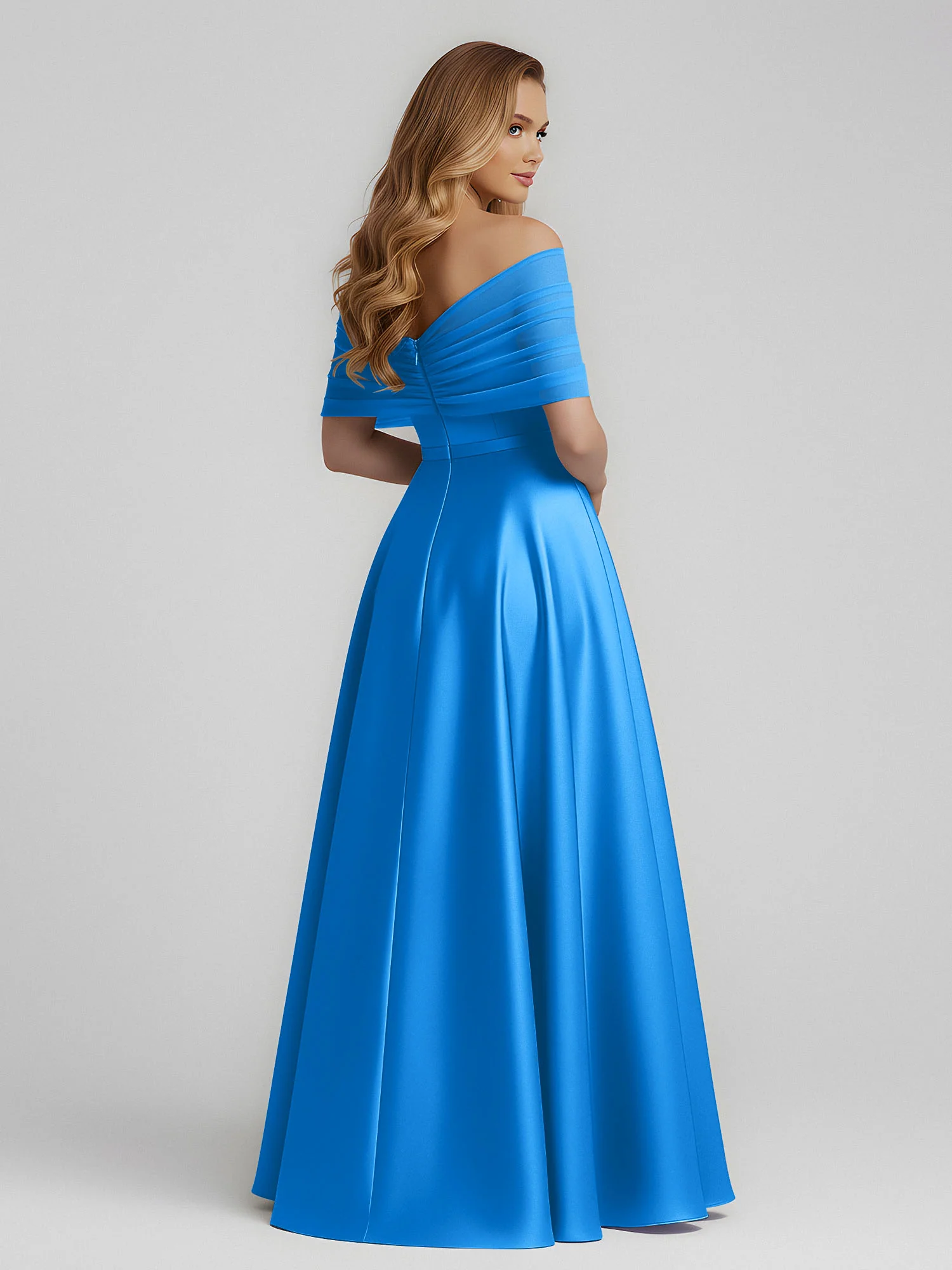 Satin A-Line Floor Length Dresses With Sheer Shawl Ocean Blue - Image 2